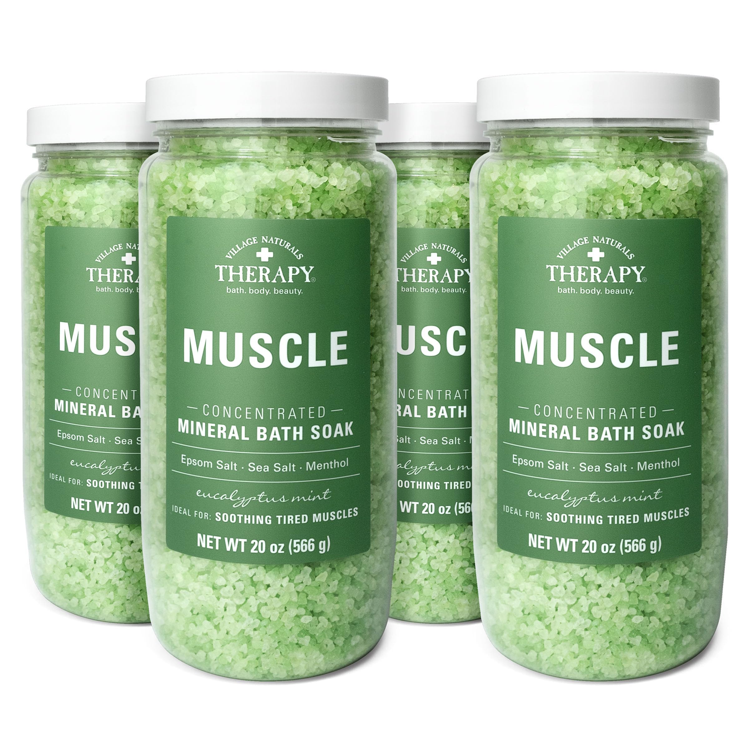 Village Naturals Therapy Muscle Bath Soak bottle with eucalyptus mint for relaxation.