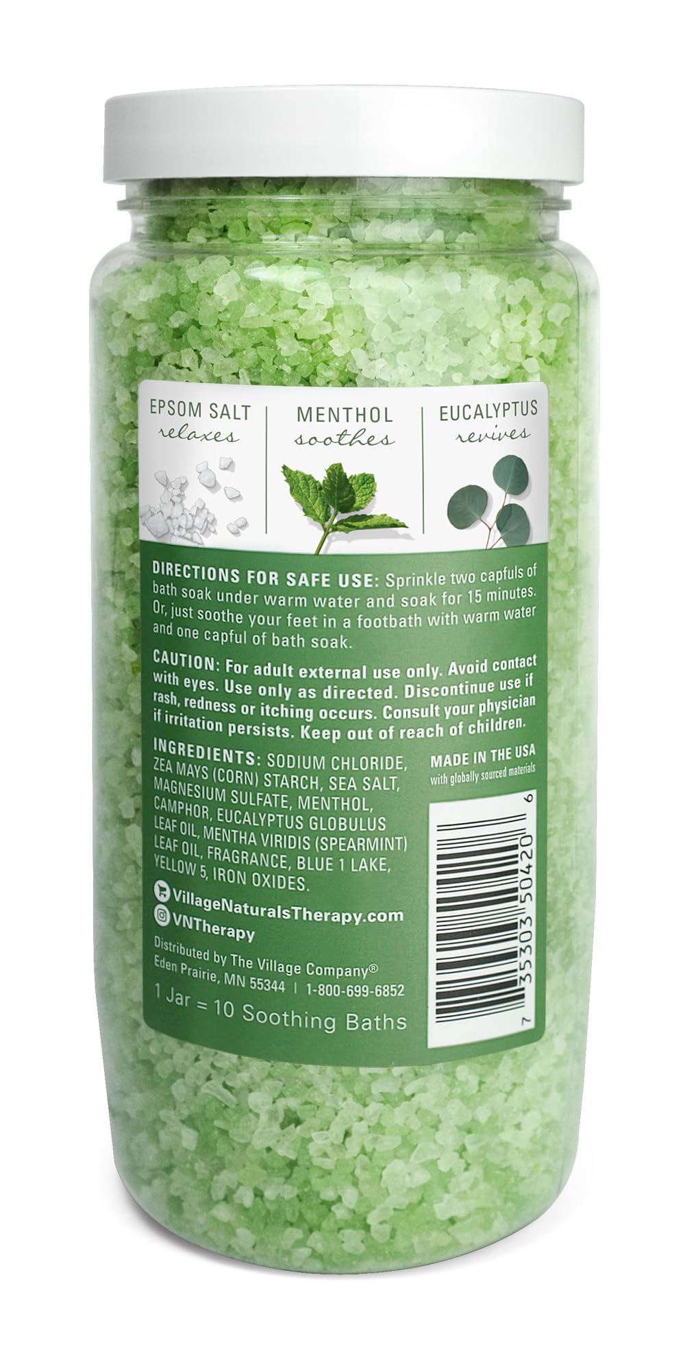 Pouring Village Naturals Therapy soak into warm water for a rejuvenating bath.