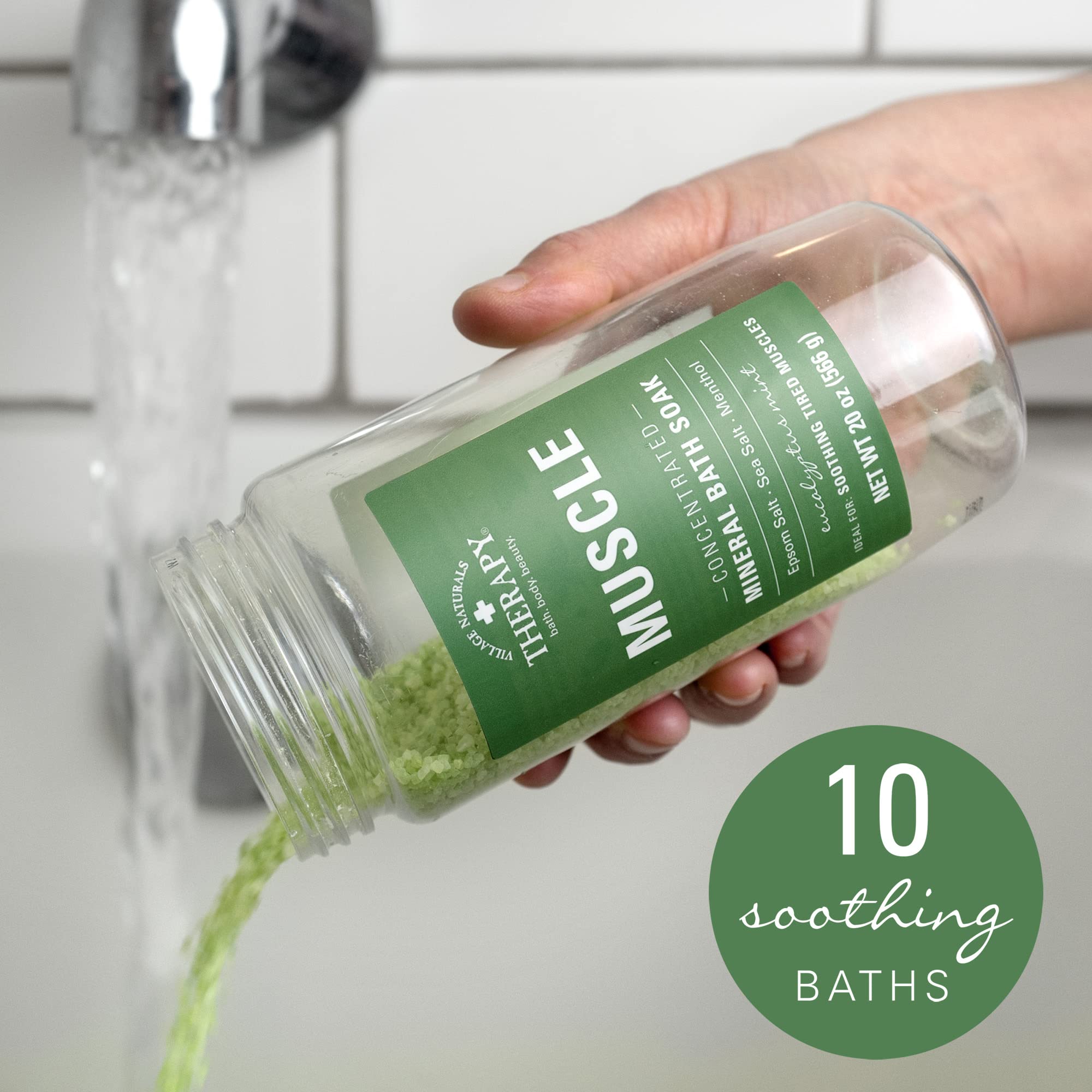Relaxing tub scene with eucalyptus mint muscle soak.