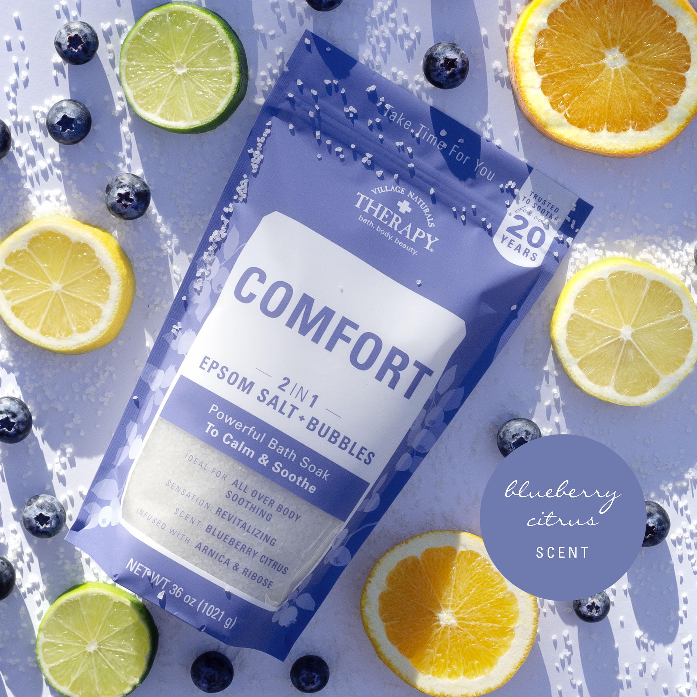 Village Naturals Therapy Comfort Foaming Bath Soak, close-up ingredients, revitalizes body and mind