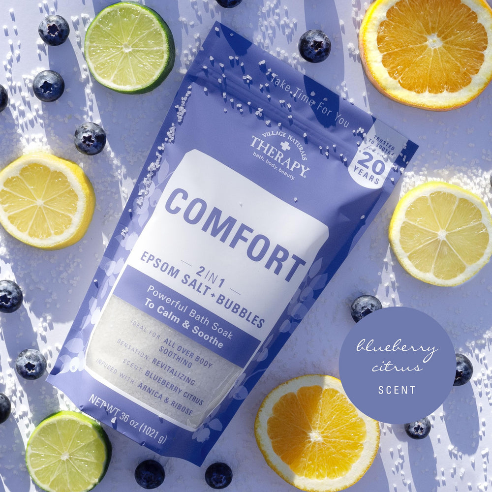 Village Naturals Therapy Comfort Foaming Bath Soak, close-up ingredients, revitalizes body and mind