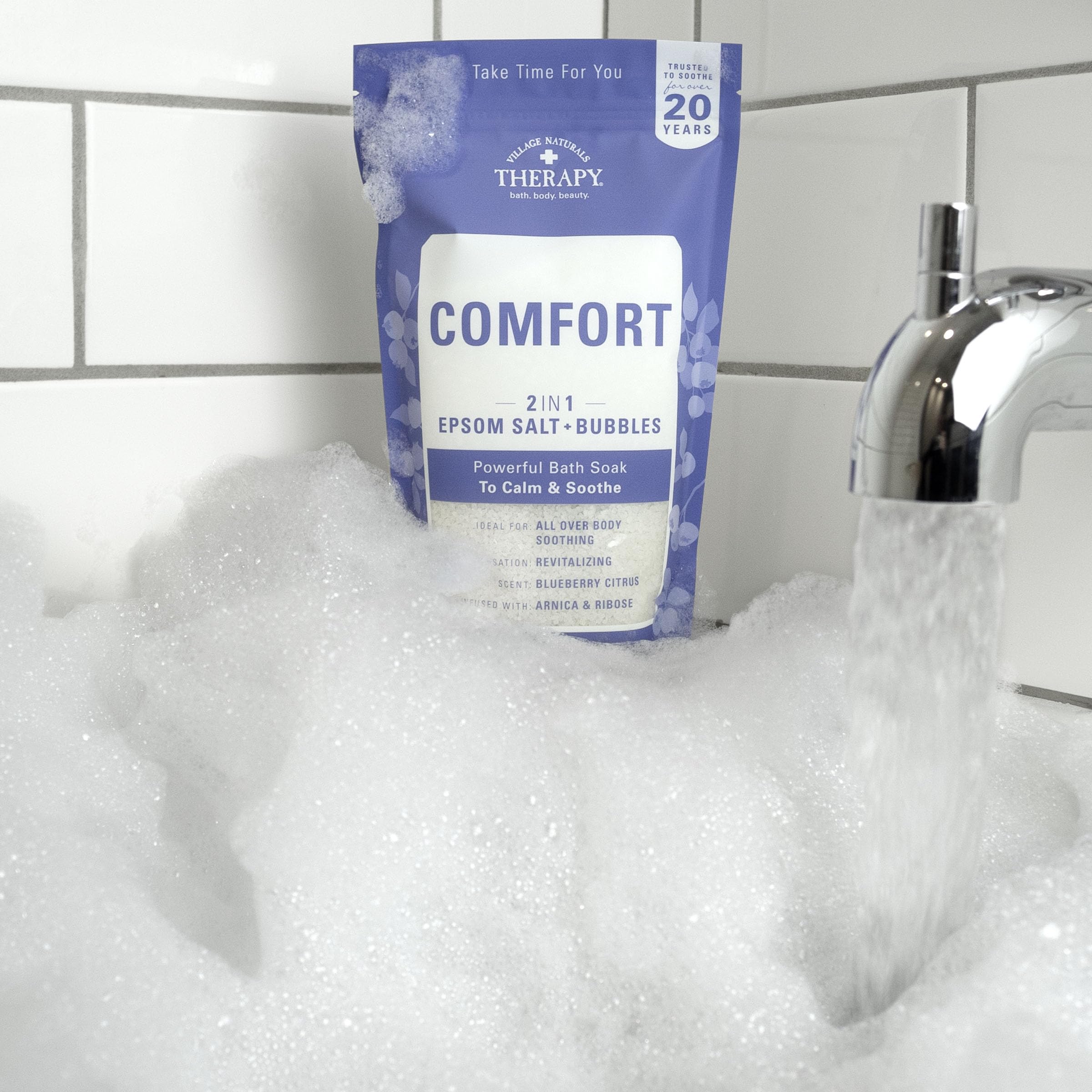 Village Naturals Therapy Comfort Foaming Bath Soak, measuring scoop, easy to use