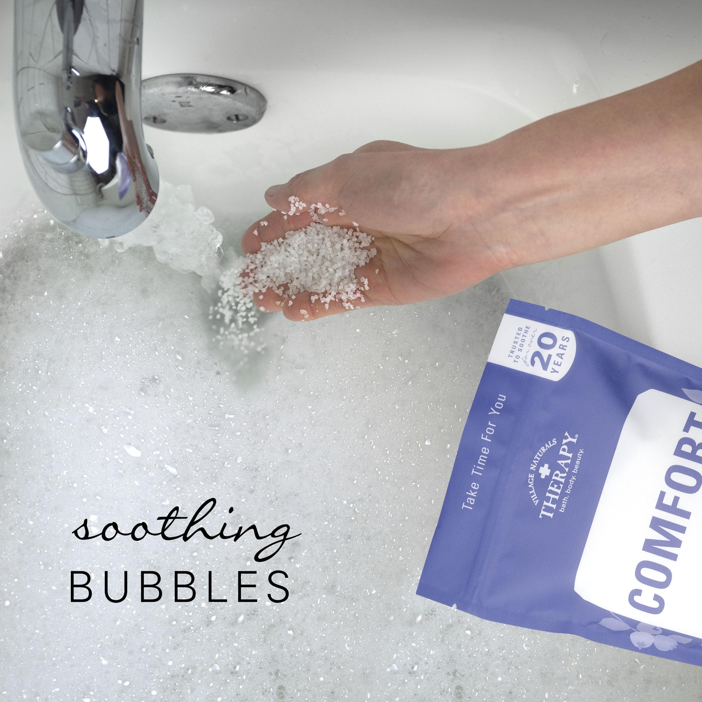 Village Naturals Therapy Comfort Foaming Bath Soak, USA-made label, inviting spa-like experience