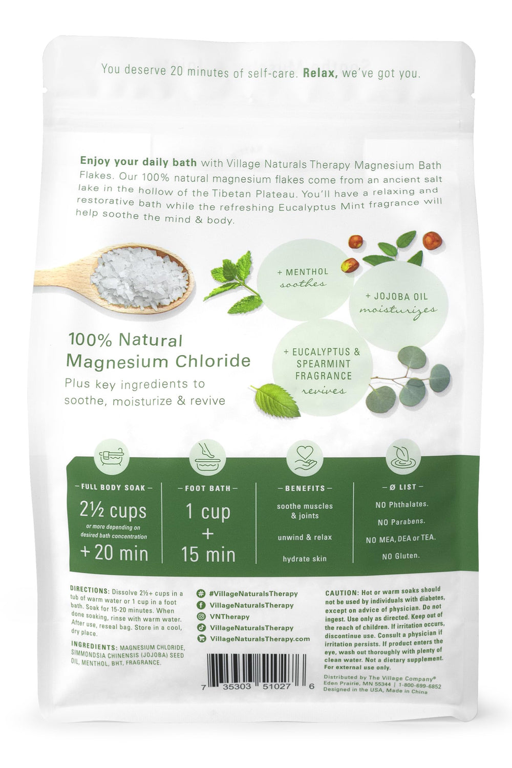 Village Naturals Therapy Muscle Magnesium Bath Flakes with mint fragrance for a refreshing, mood-boosting soak.