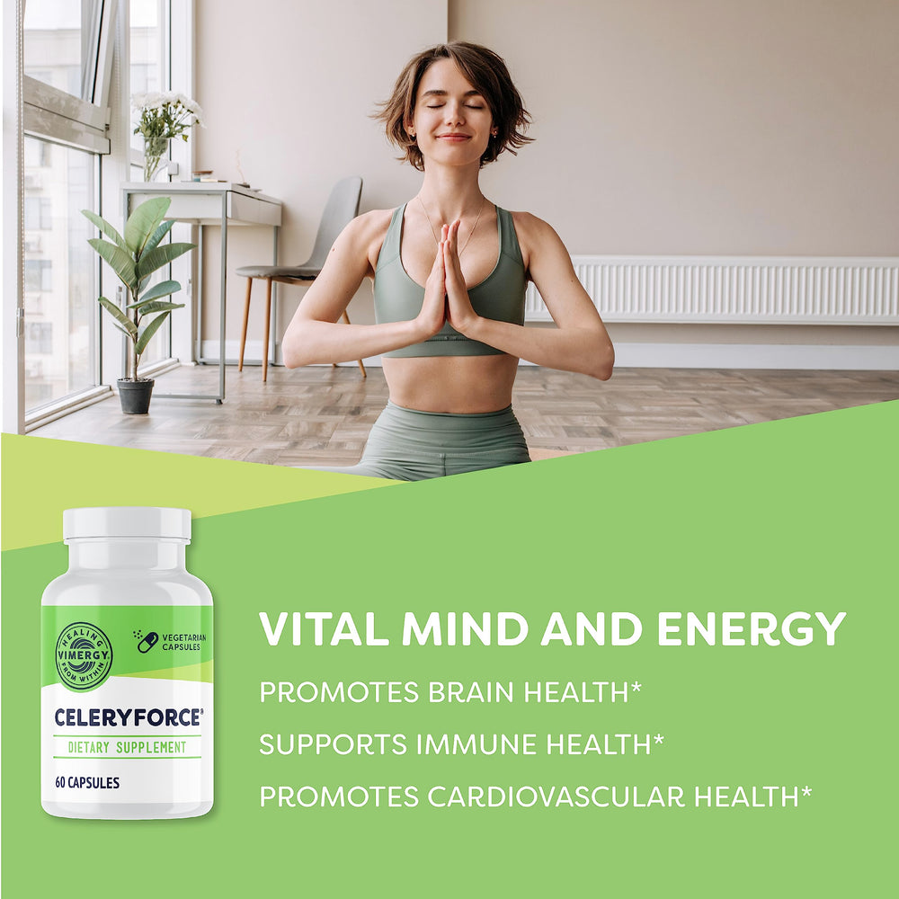Vimergy Celeryforce bottle on shelf with vegan and kosher branding