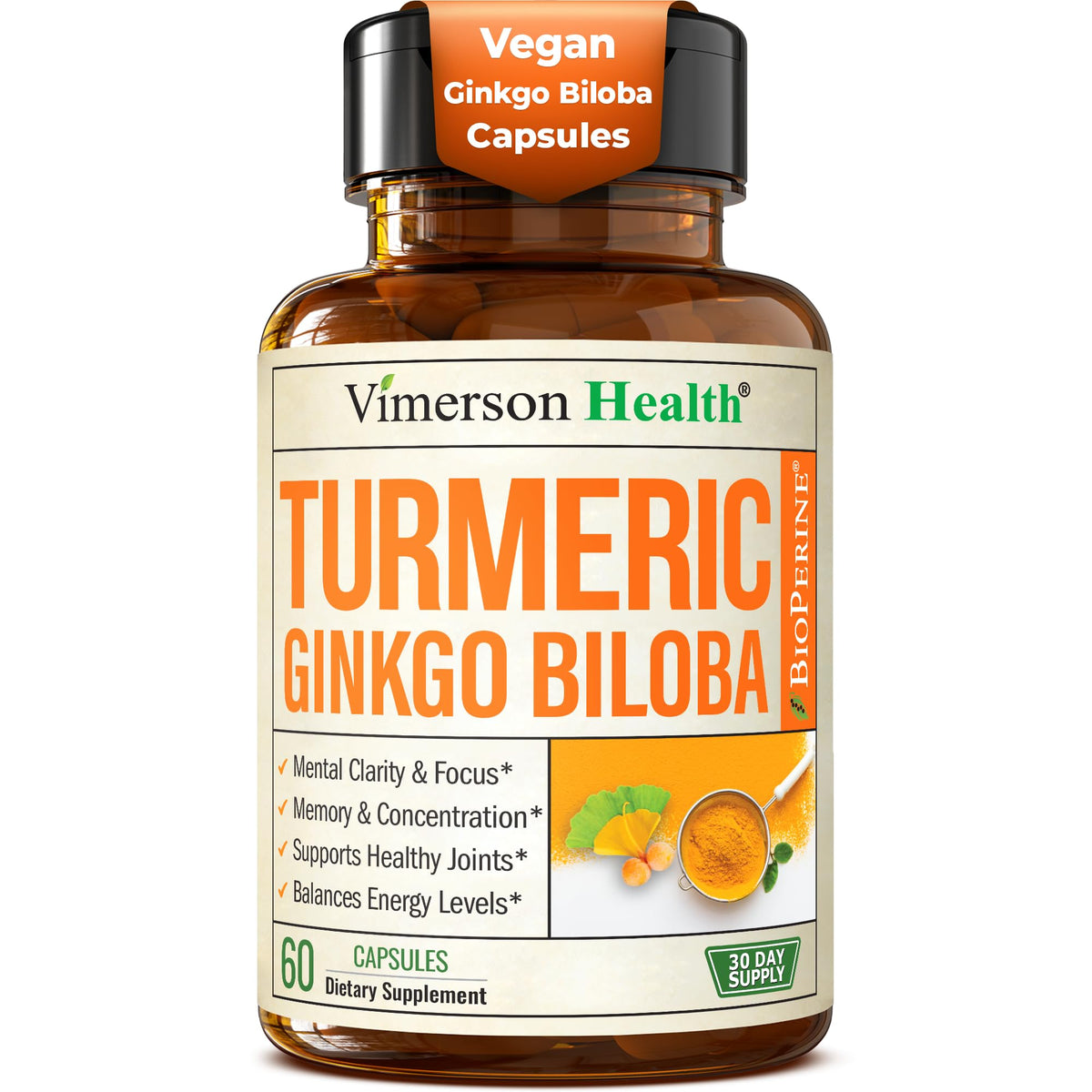 Vimerson Health ginkgo biloba turmeric capsules bottle: supports mental clarity and focus.