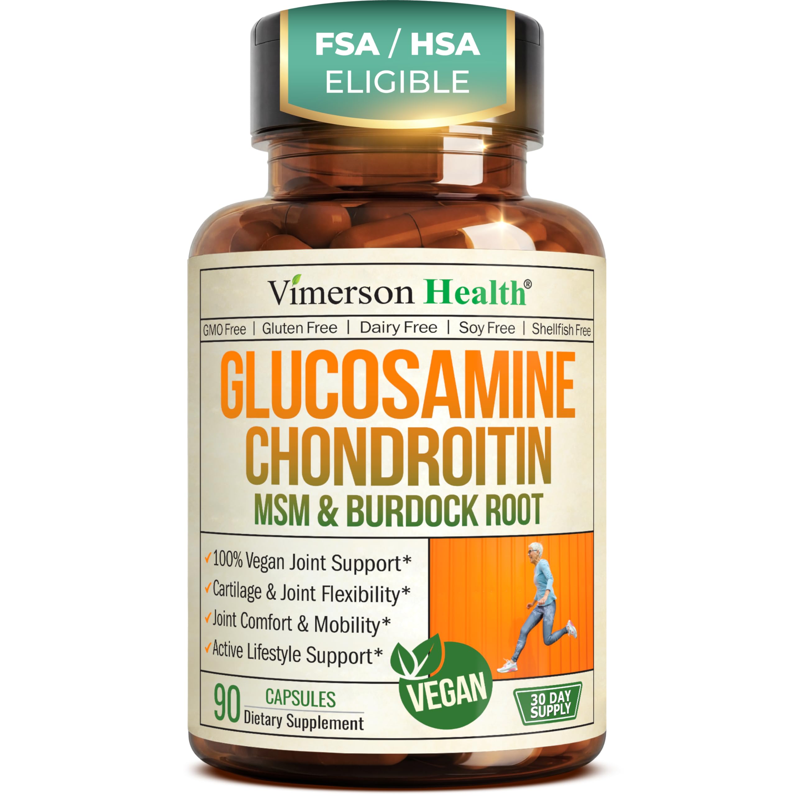 Vimerson Health Glucosamine Chondroitin MSM bottle front for vegan joint support.