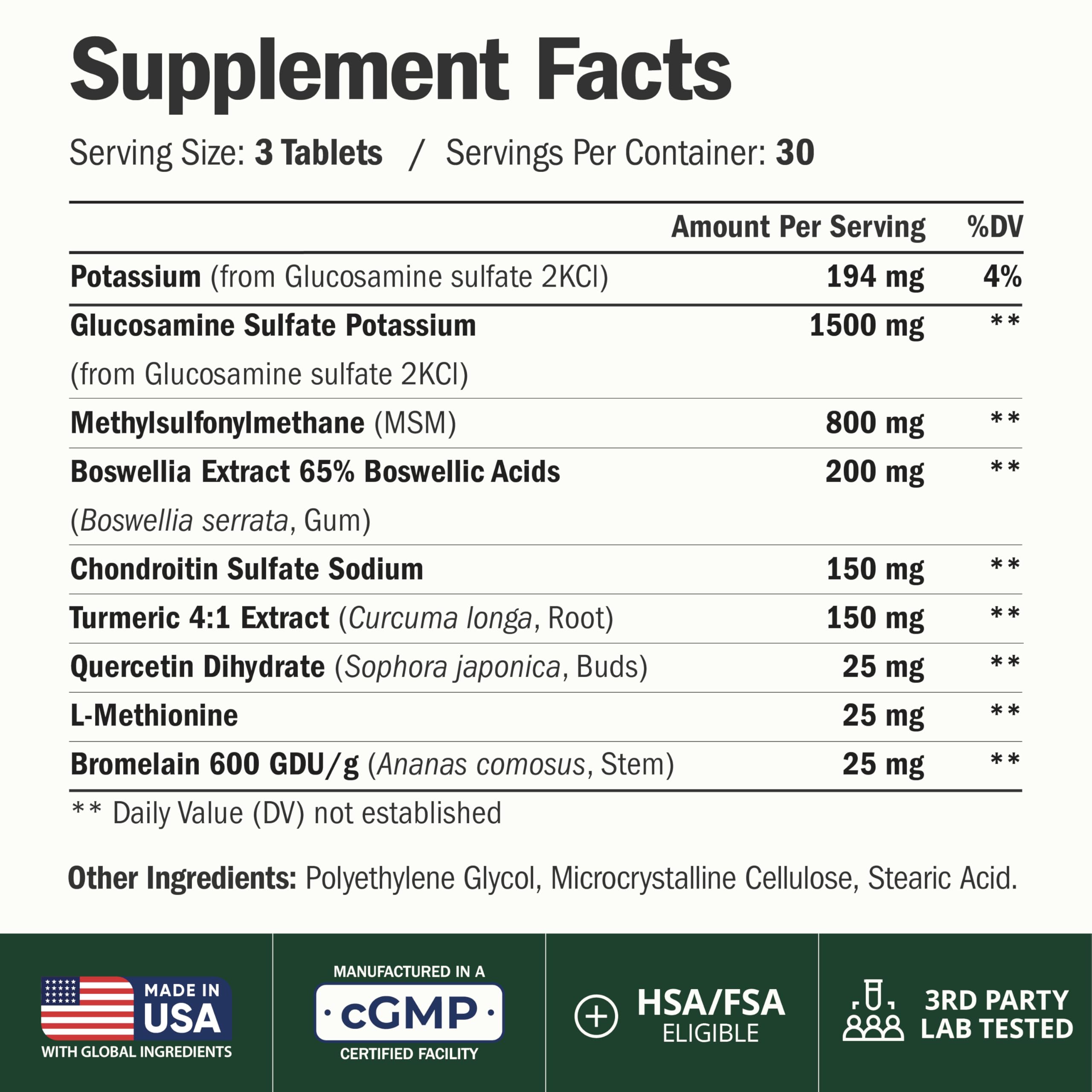 Vimerson Health Glucosamine-Chondroitin-MSM tablets close-up showing easy-to-swallow form.