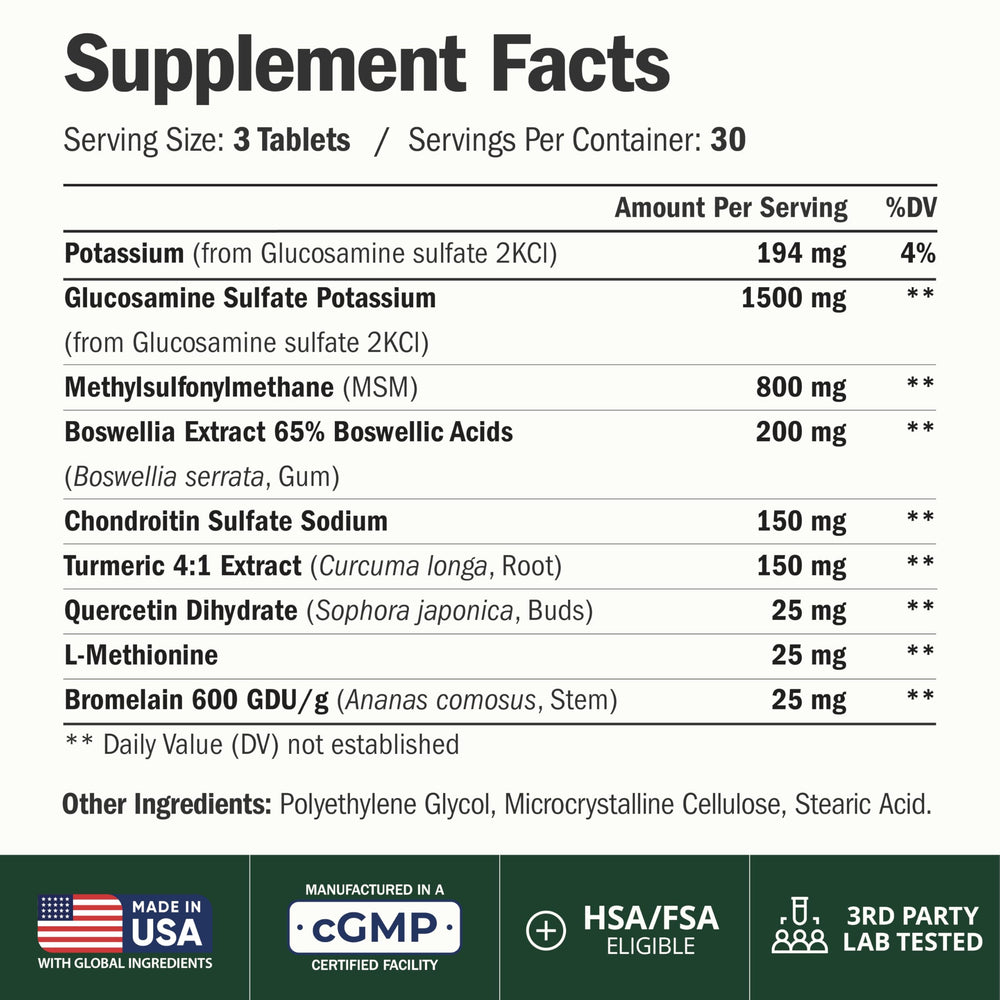 Vimerson Health Glucosamine-Chondroitin-MSM tablets close-up showing easy-to-swallow form.