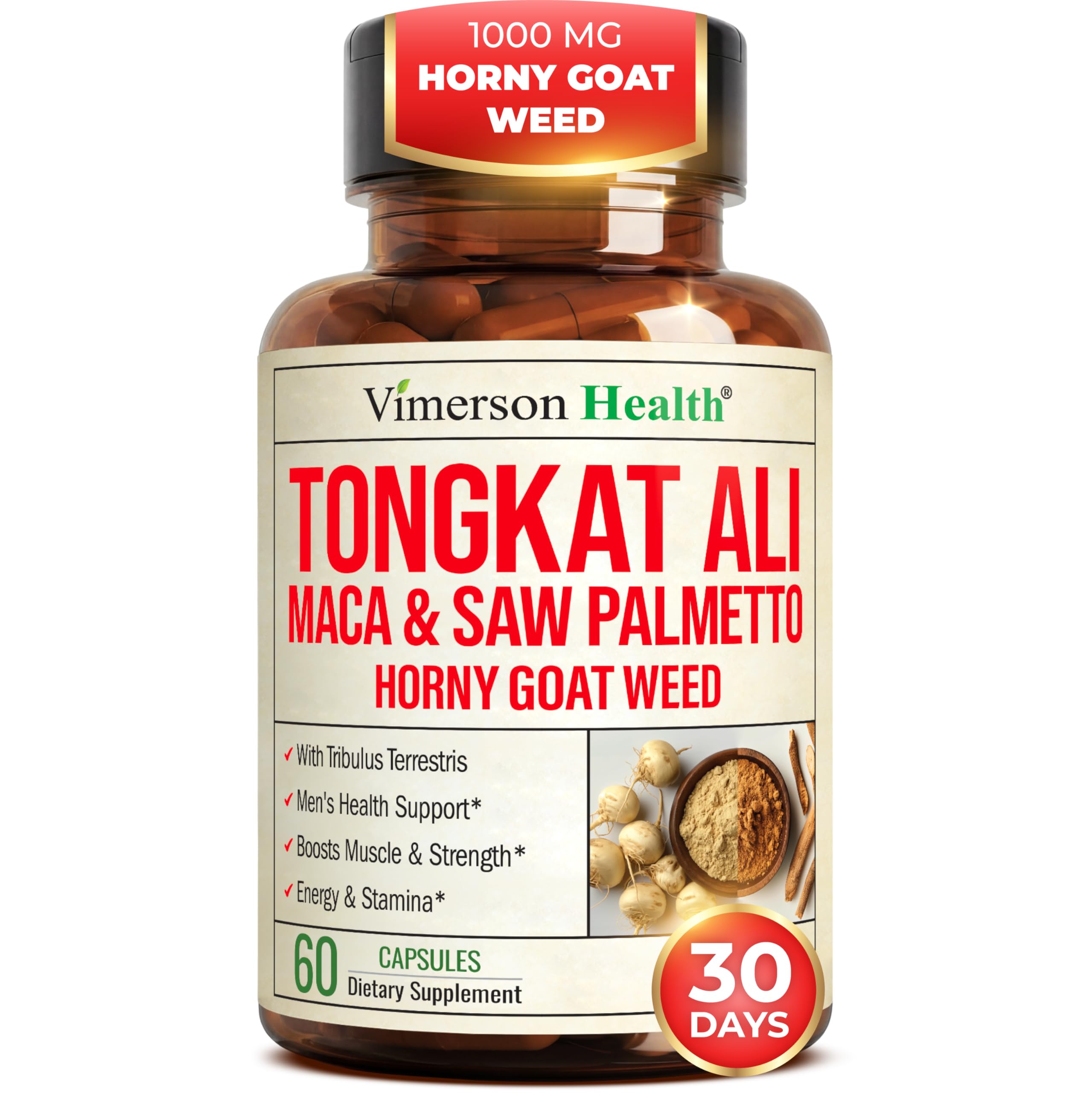 Vimerson Health Horny Goat Weed bottle front for daily energy and drive