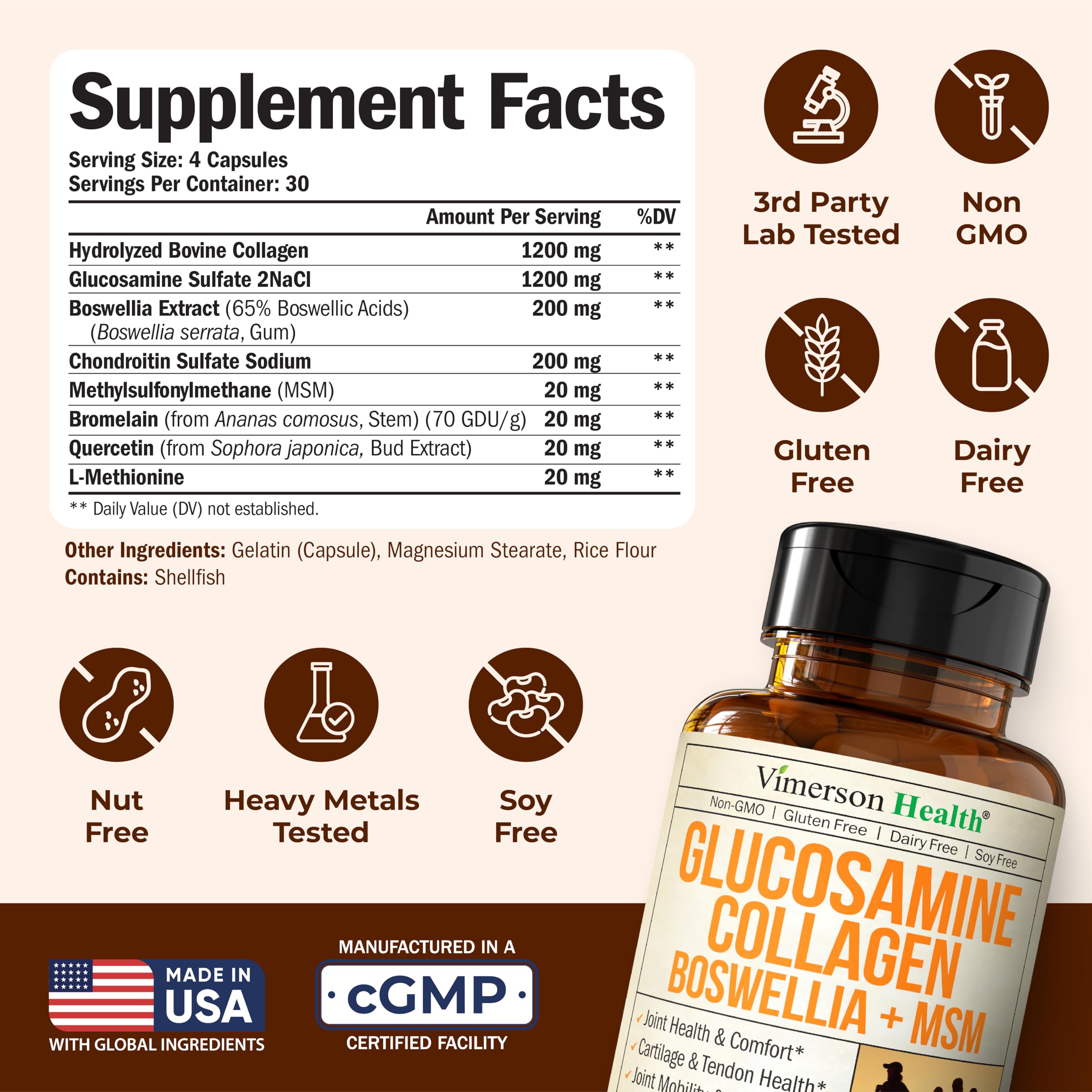 Vimerson Health hydrolyzed collagen capsules highlighting collagen for skin, hair, and nails