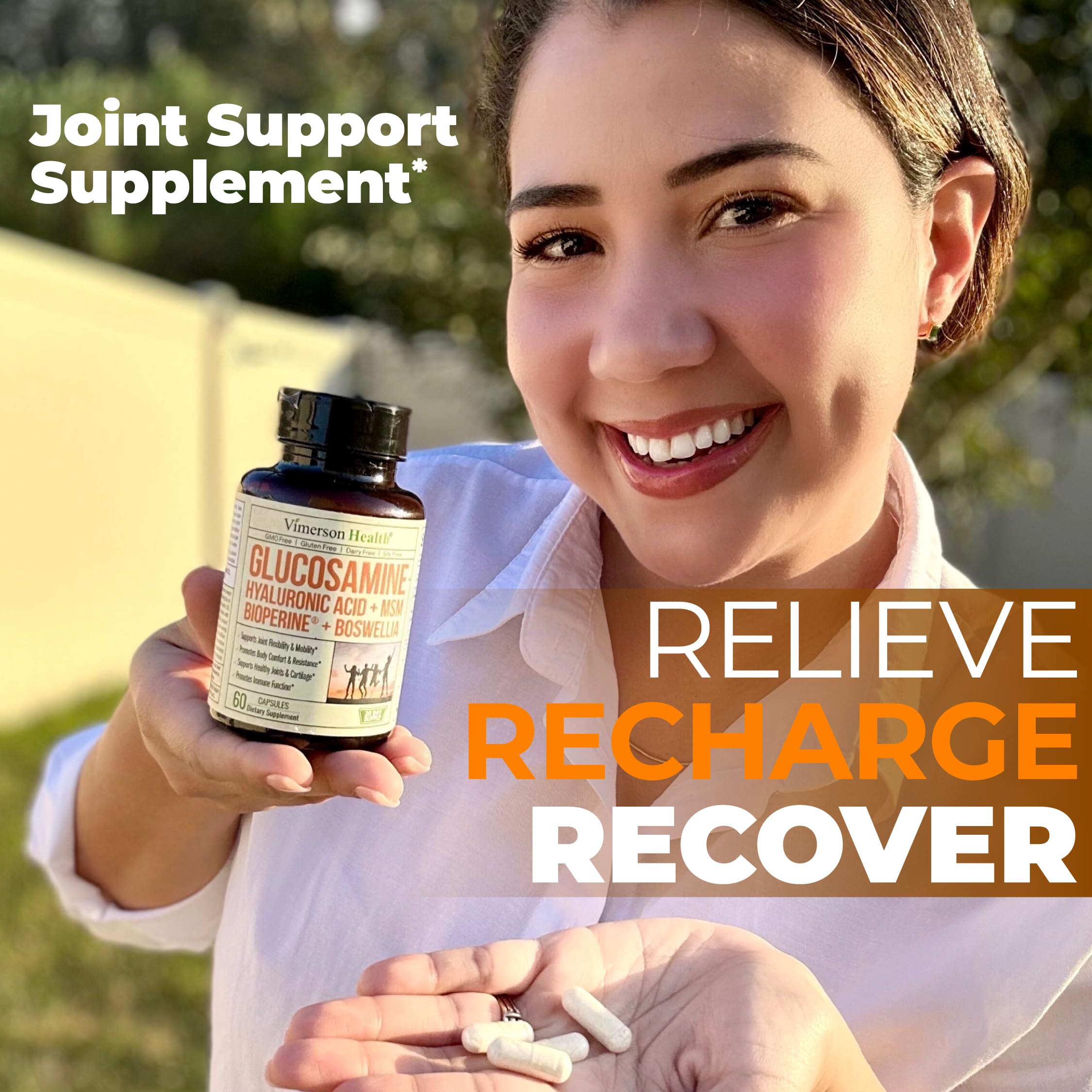 Vimerson Health ingredients flat-lay including glucosamine, hyaluronic acid, boswellia.
