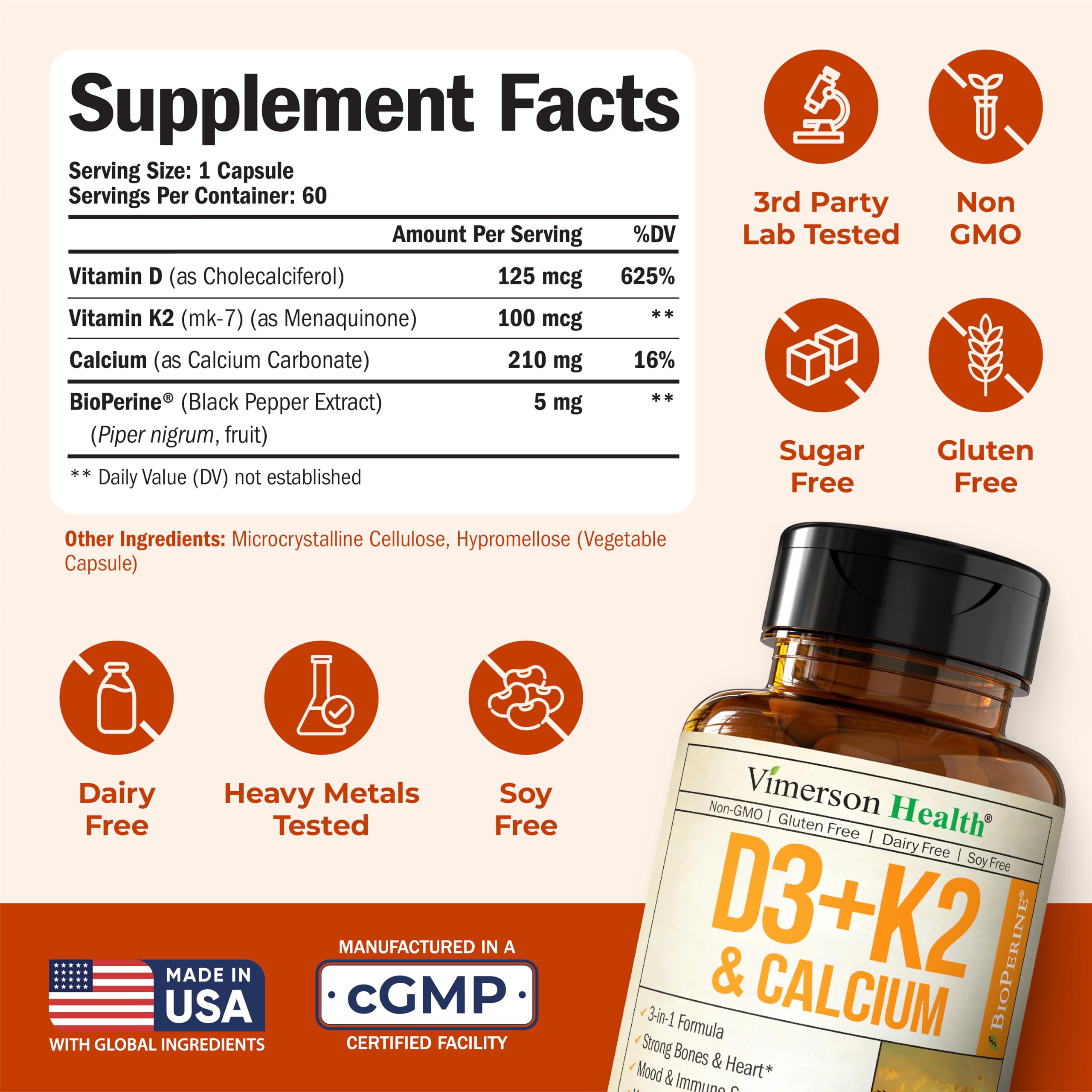 Vimerson Health label nutrition image highlights 5000 IU D3 and MK7 K2.