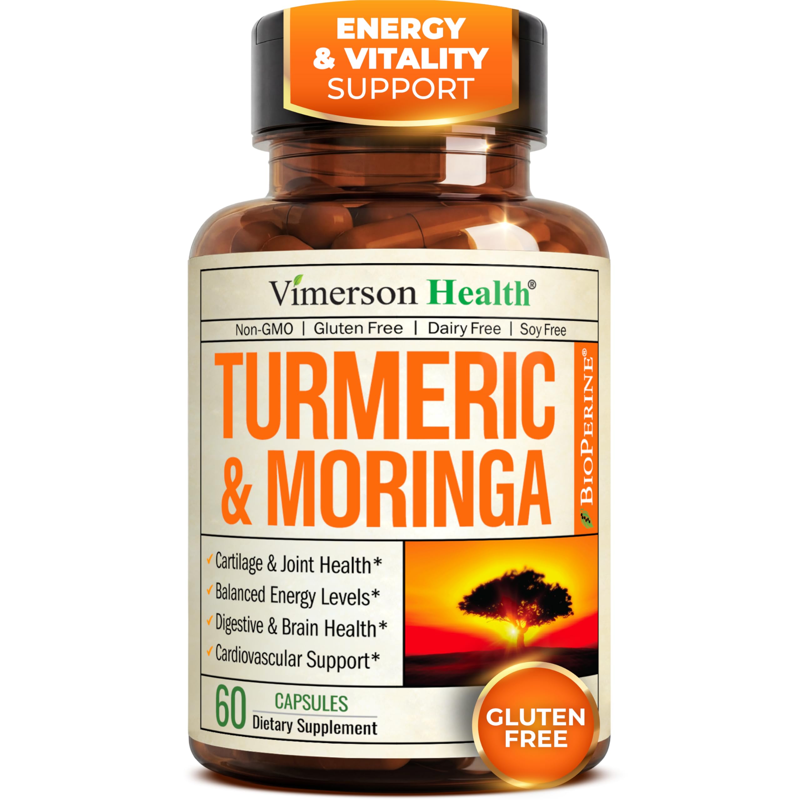 Vimerson Health Moringa Turmeric bottle with capsules supports daily mobility.