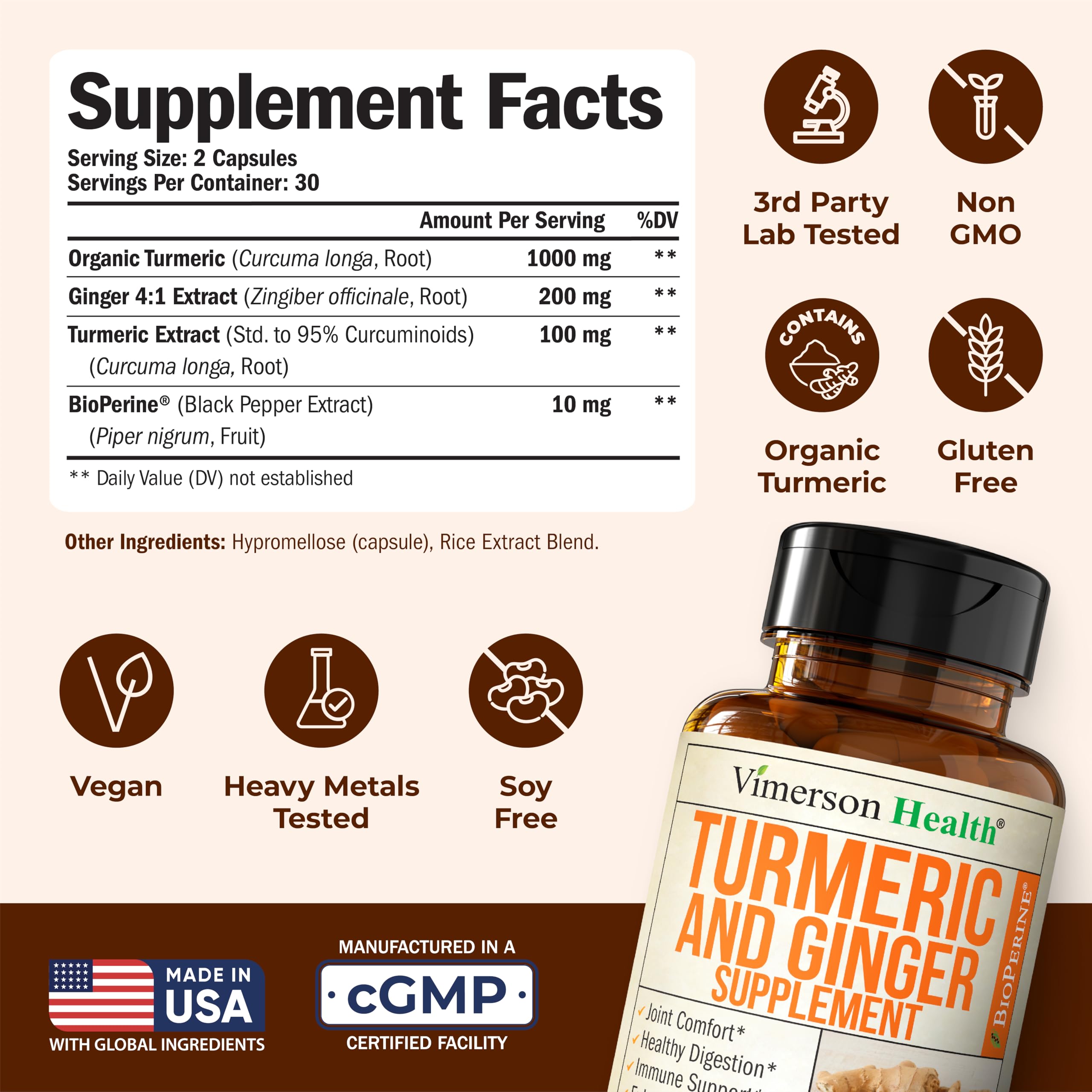Vimerson Health organic turmeric 95% curcuminoids label close-up highlights potency