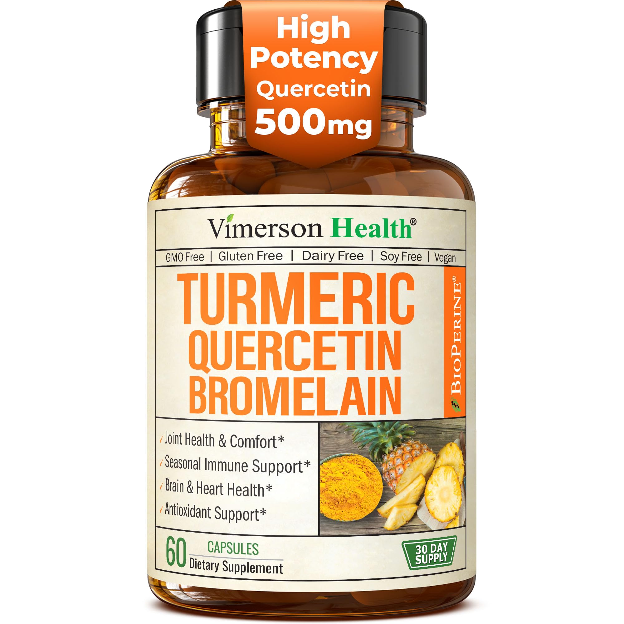 Vimerson Health Quercetin Bromelain Turmeric capsules bottle for immune support and daily wellness.