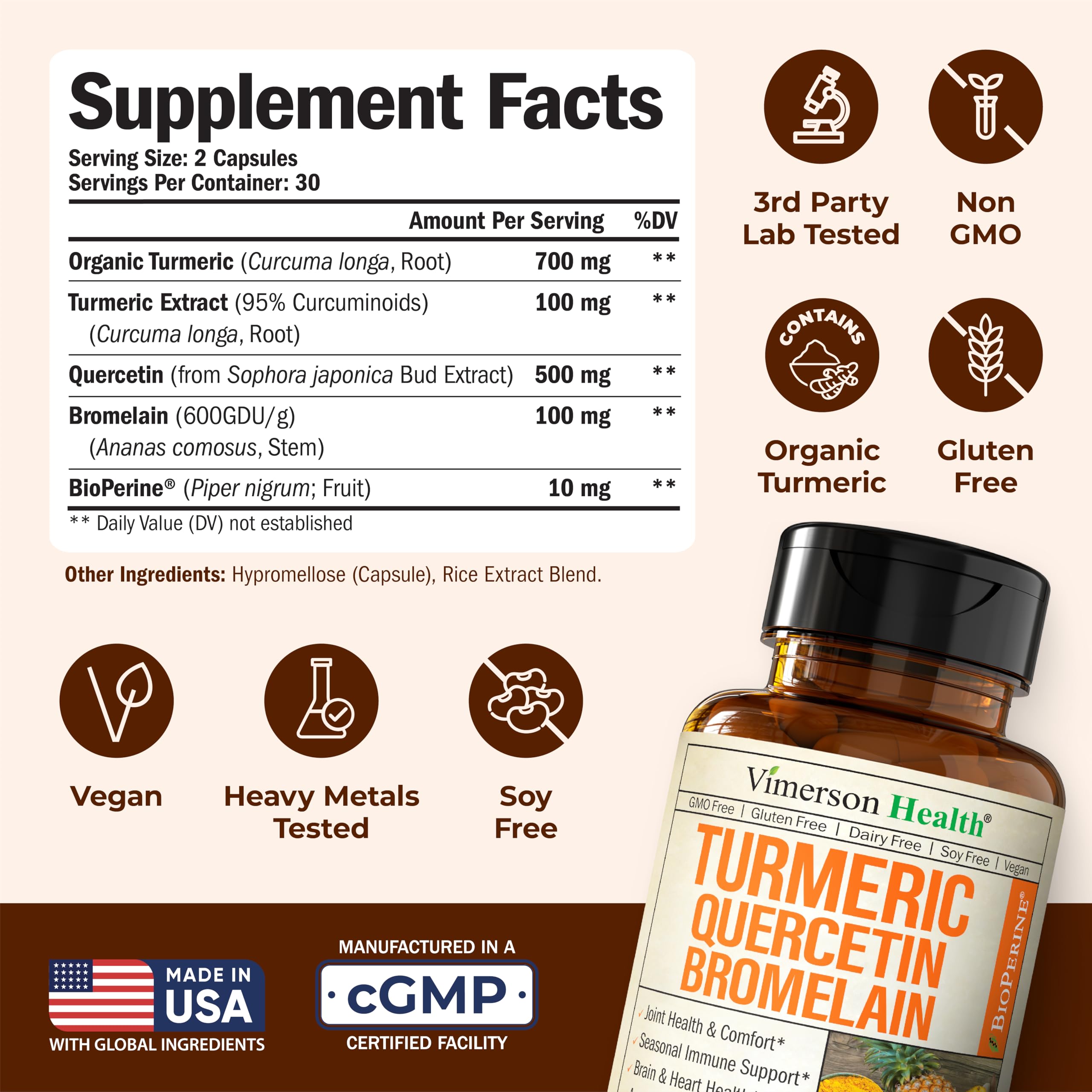 Vimerson Health Quercetin Bromelain Turmeric label close-up.