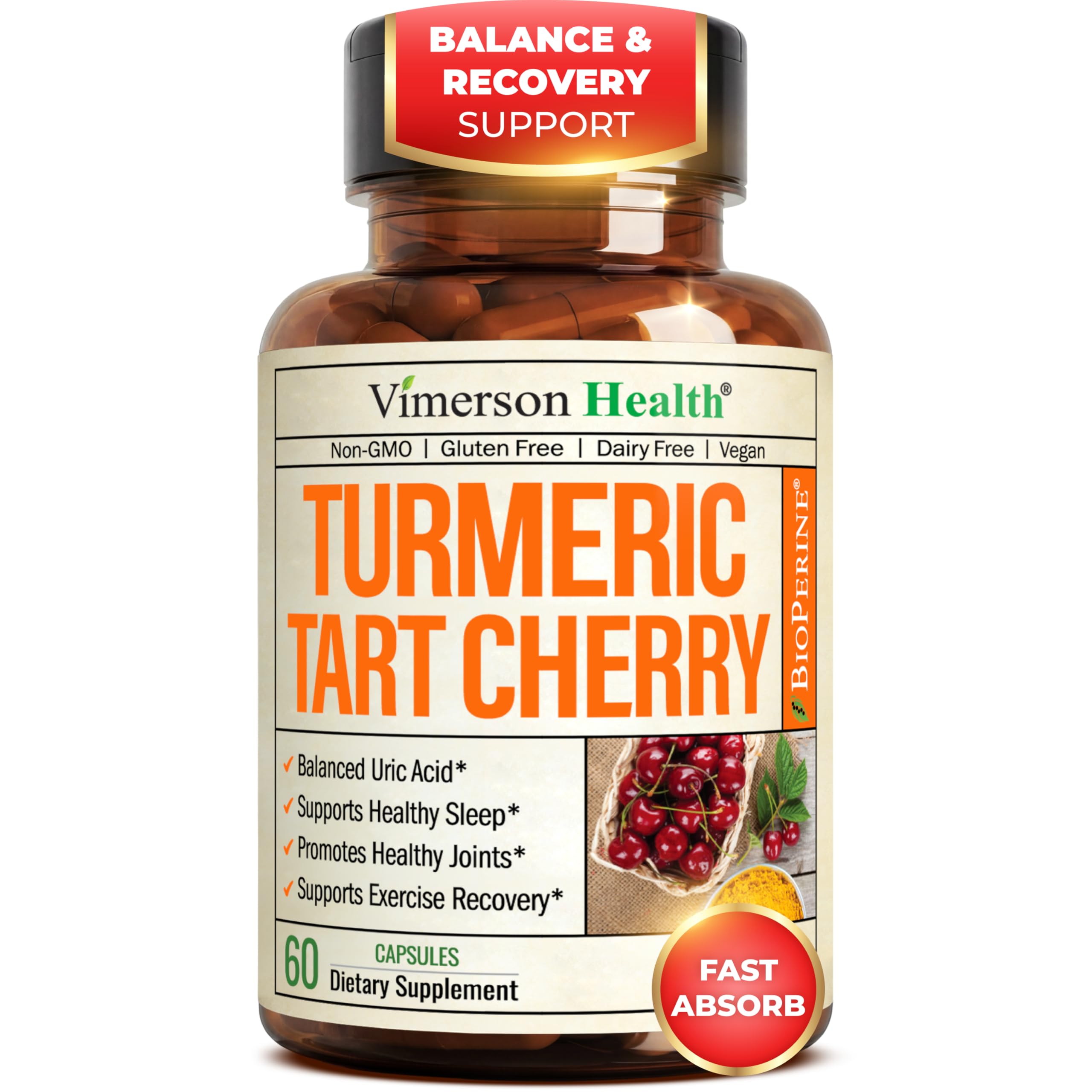 Vimerson Health Tart Cherry Capsules bottle front suggests daily mobility support.
