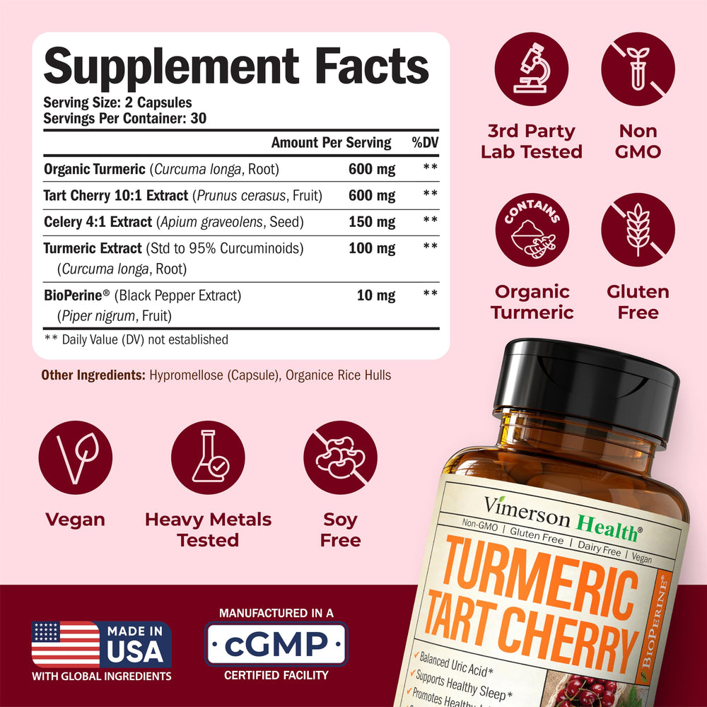 Vimerson Health Tart Cherry Capsules closeup of label with turmeric and Bioperine.