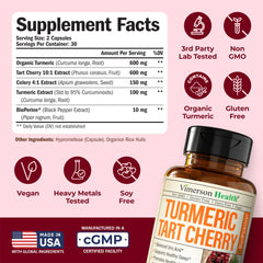 Vimerson Health Tart Cherry Capsules closeup of label with turmeric and Bioperine.