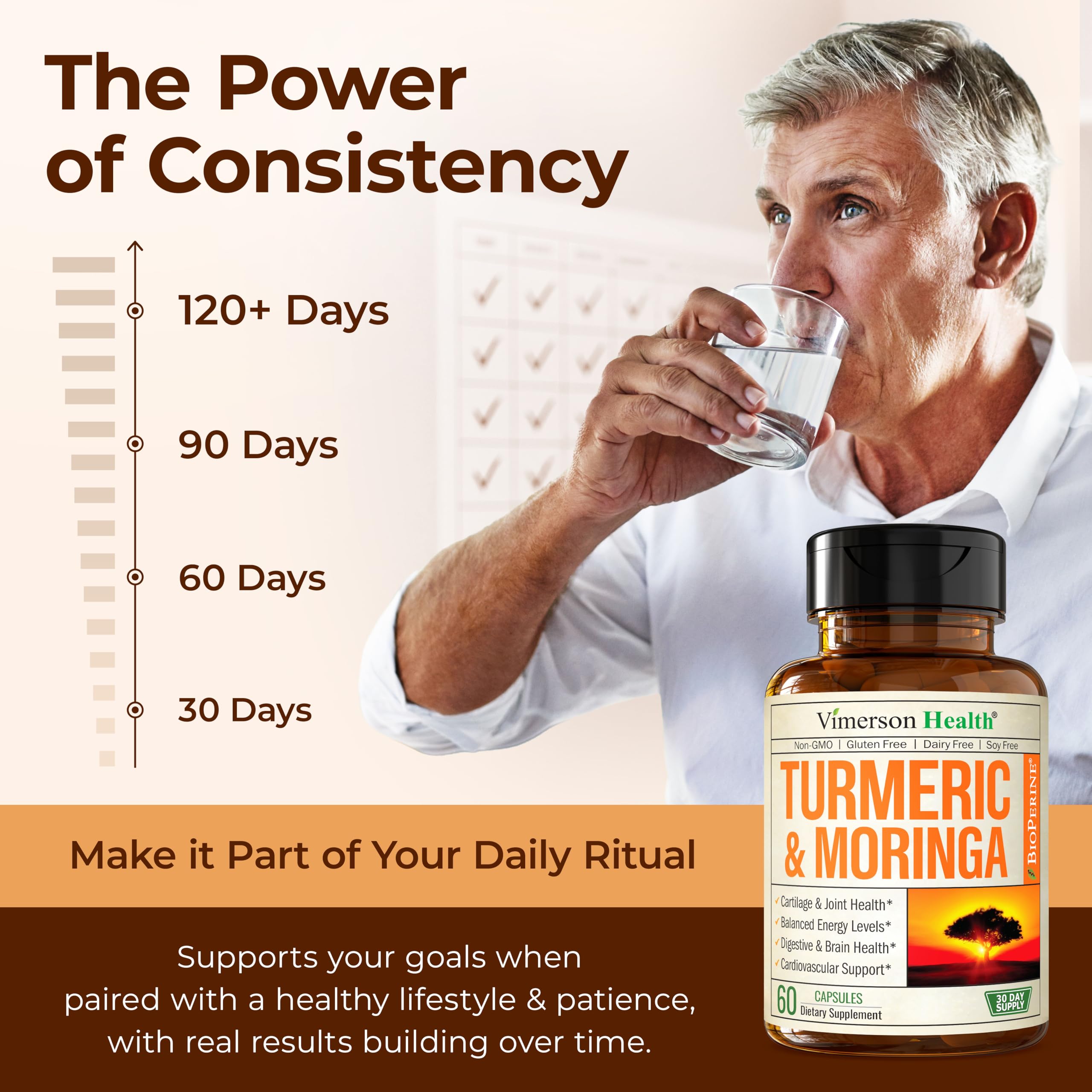 Vimerson Health two capsules daily serving with water illustration.