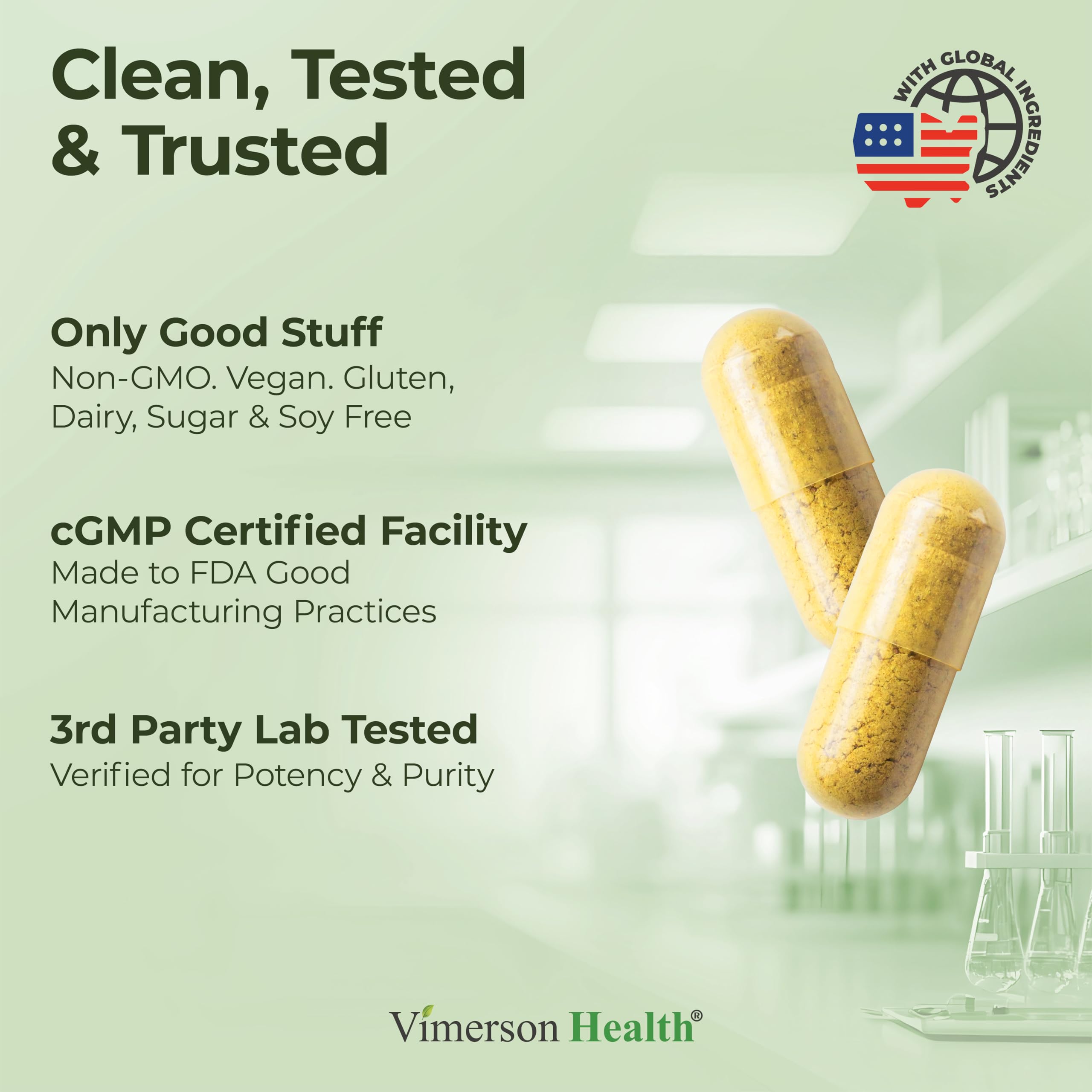 Vimerson Health vegan capsules packaging: gluten-free and dairy-free.