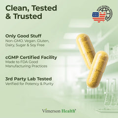 Vimerson Health vegan capsules packaging: gluten-free and dairy-free.