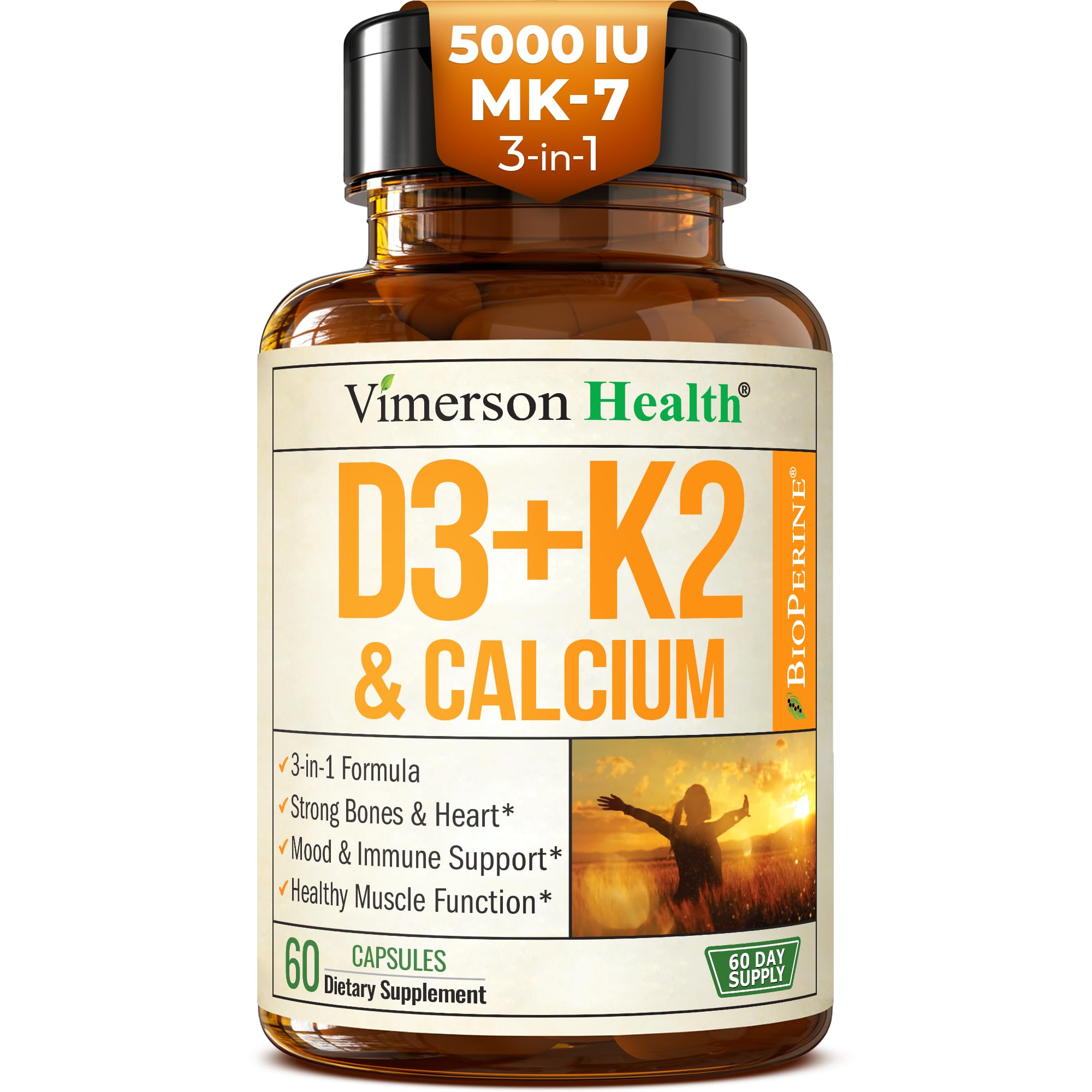 Vimerson Health Vitamin D3 K2 bottle supports daily bone and immune health.