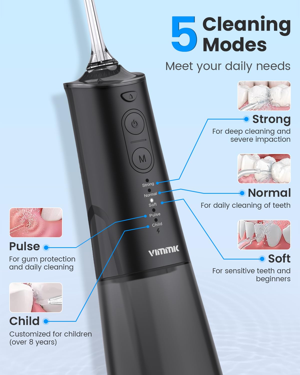 VIMMK Water Flosser 360° rotating head reaches hard-to-clean areas