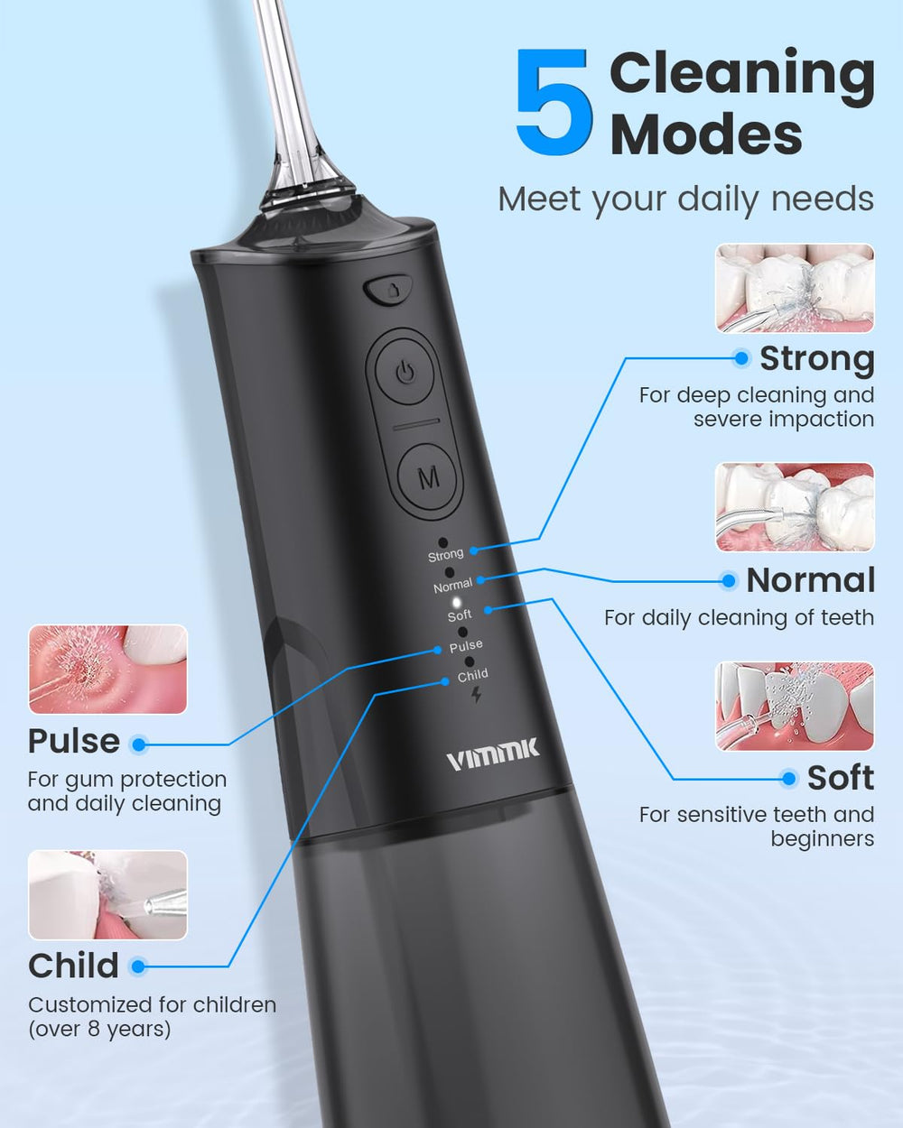 VIMMK Water Flosser 360° rotating head reaches hard-to-clean areas