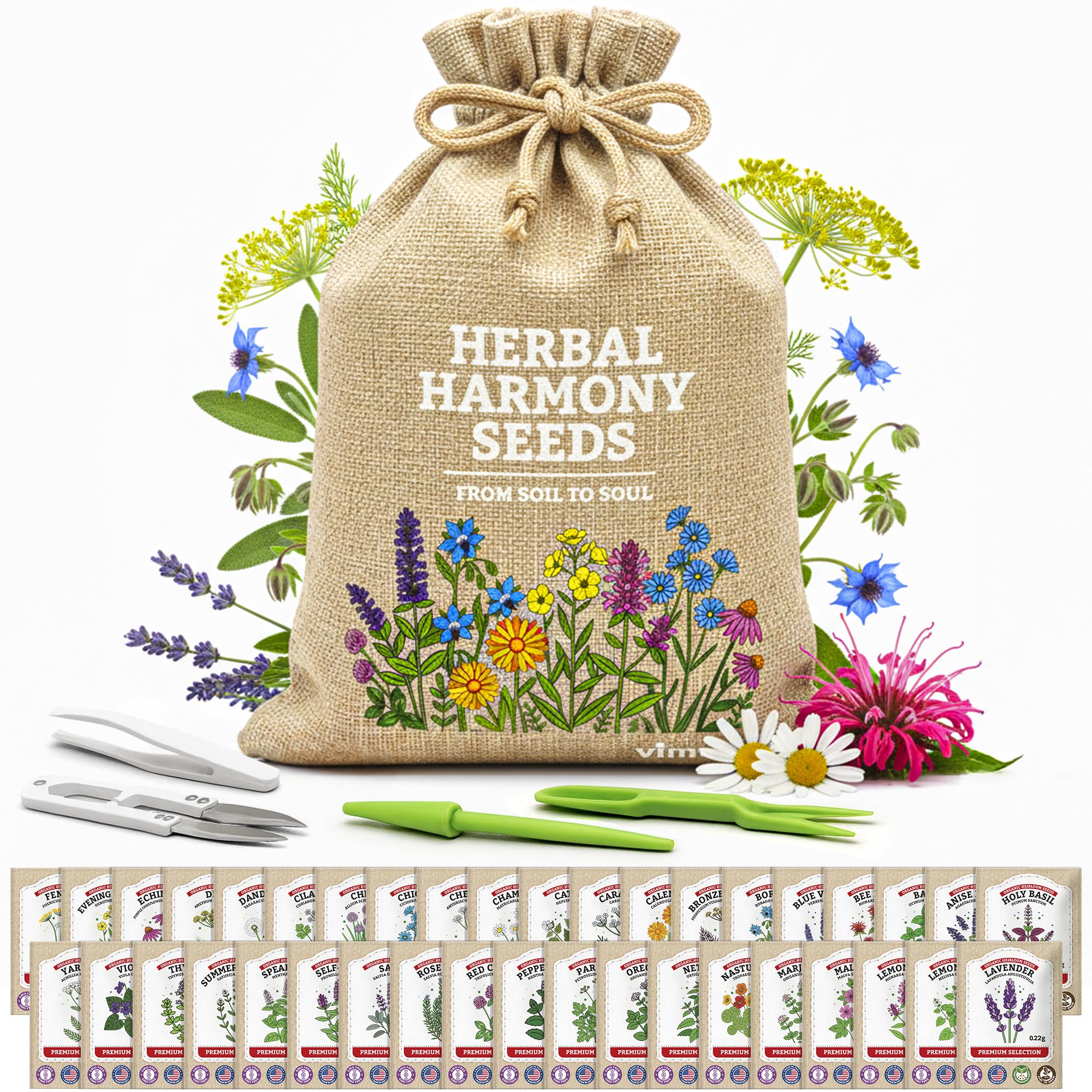 Vimtoba Medicinal Herbs Pack cover with 39 heirloom seeds for home apothecary and teas