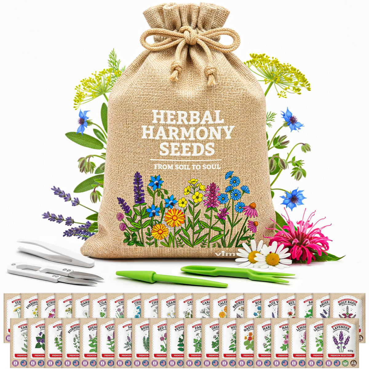 Vimtoba Medicinal Herbs Pack cover with 39 heirloom seeds for home apothecary and teas