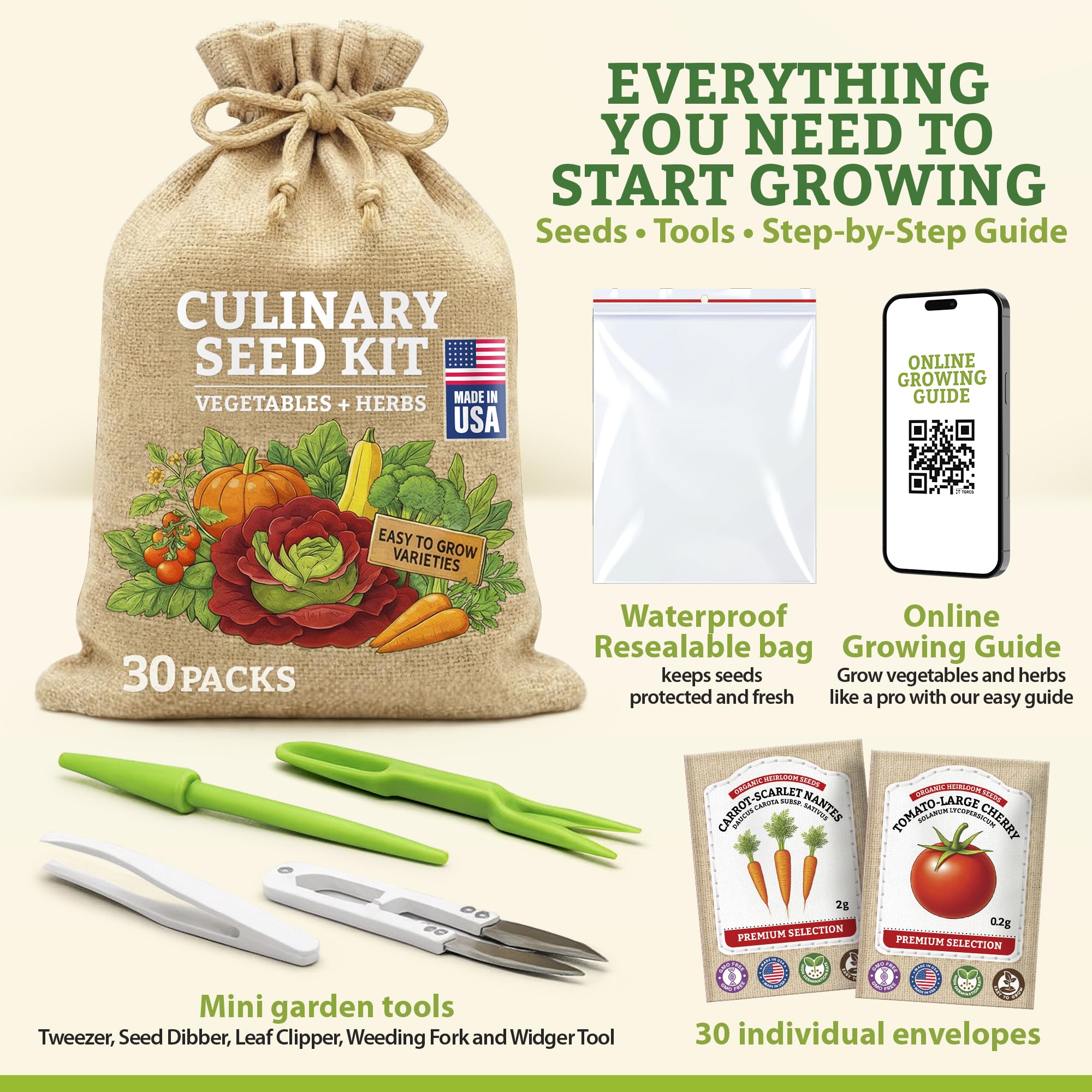 Vimtoba mini garden tools set beside seeds for easy sowing