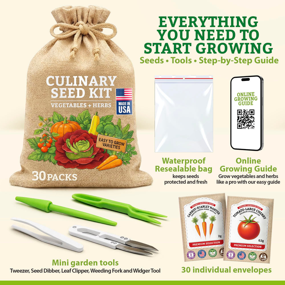 Vimtoba mini garden tools set beside seeds for easy sowing