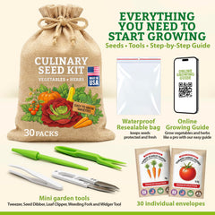 Vimtoba mini garden tools set beside seeds for easy sowing