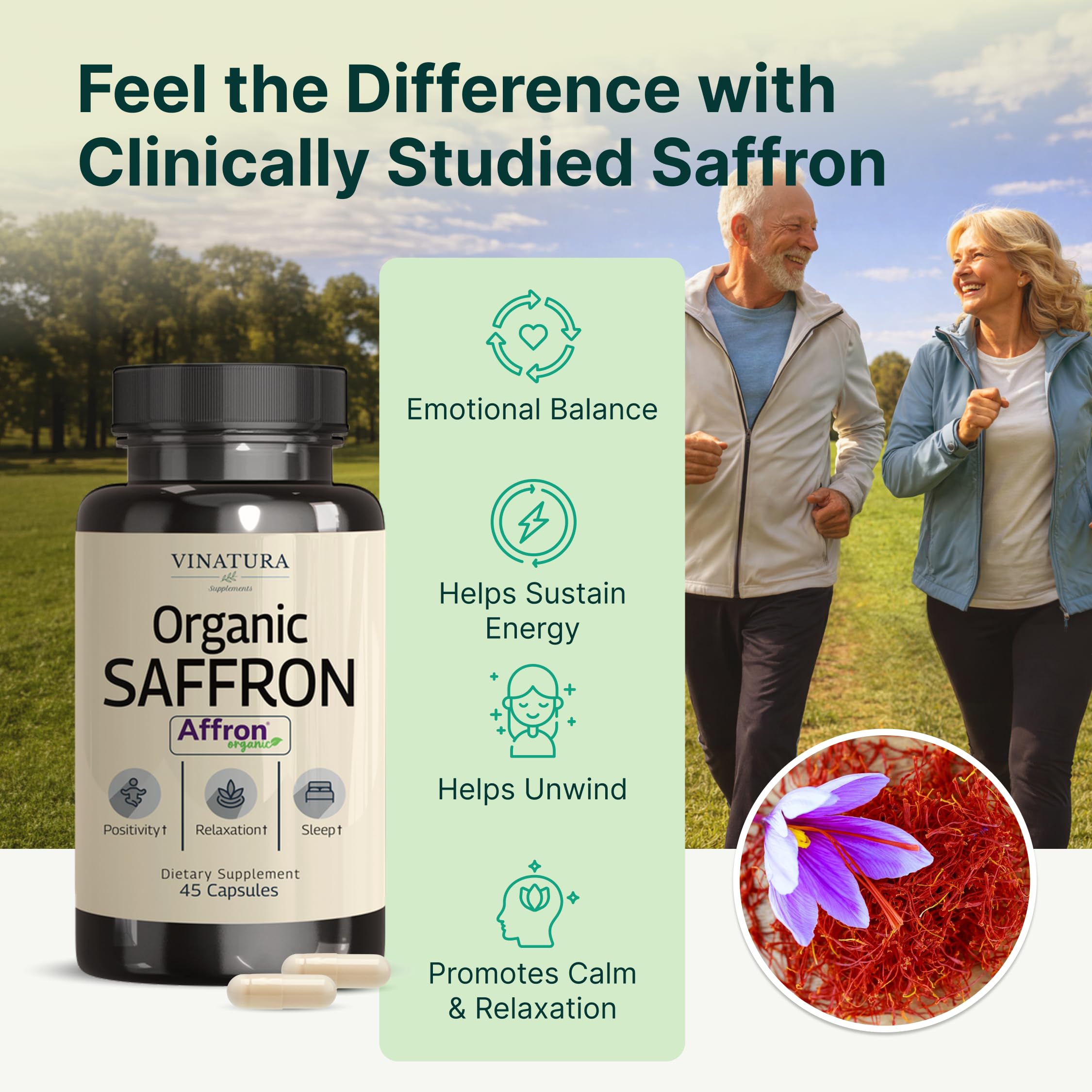 Close-up of 28 mg Affron saffron capsules ready for daily use