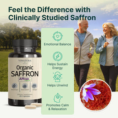 Close-up of 28 mg Affron saffron capsules ready for daily use