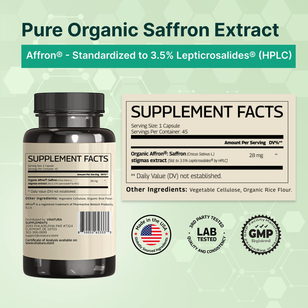 VINATURA Affron Organic Saffron Extract bottle highlights standardized potency