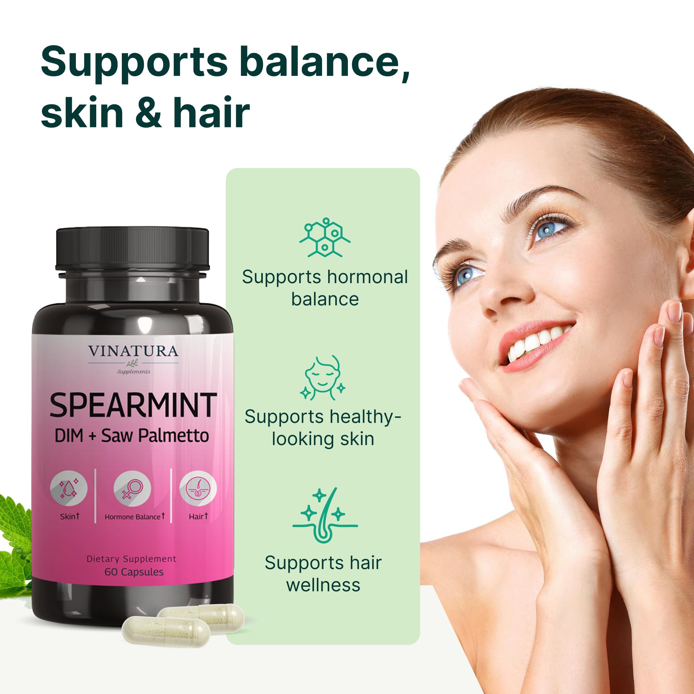 Close-up of VINATURA Spearmint Leaf Capsules highlighting potential hair and skin benefits