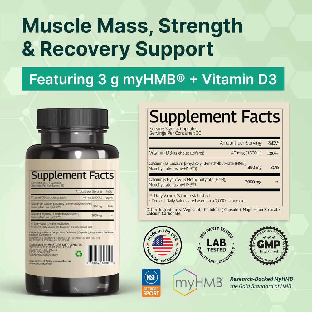 VINATURA HMB capsules closeup highlighting easy swallowing.