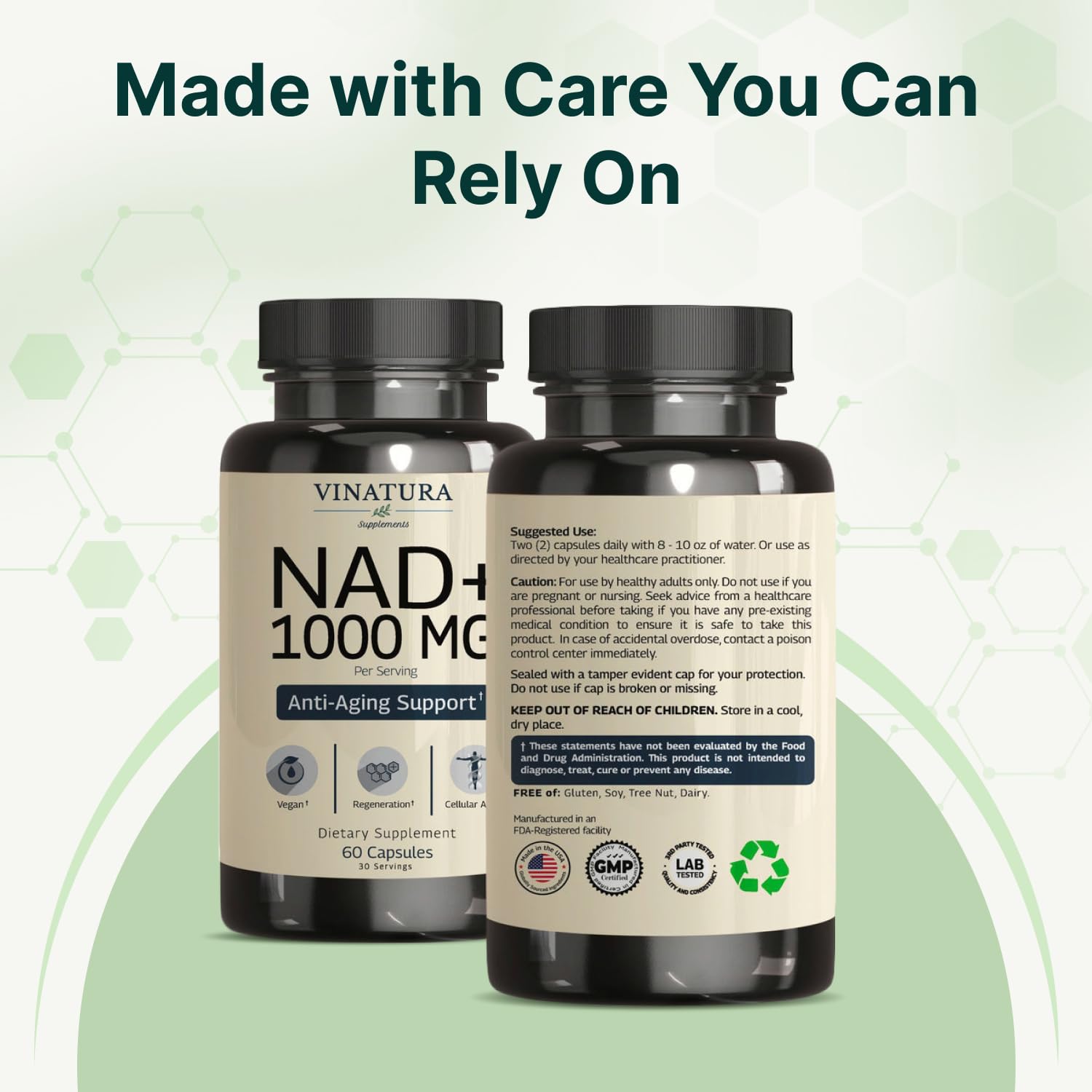 VINATURA NAD supplement facts panel with 60 capsules per bottle
