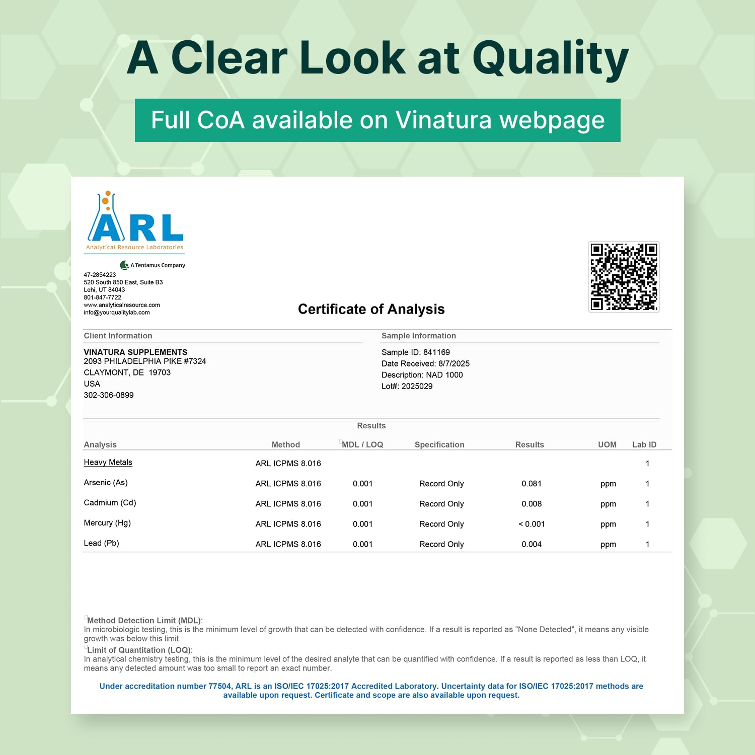 VINATURA NAD manufactured in USA in a cGMP facility