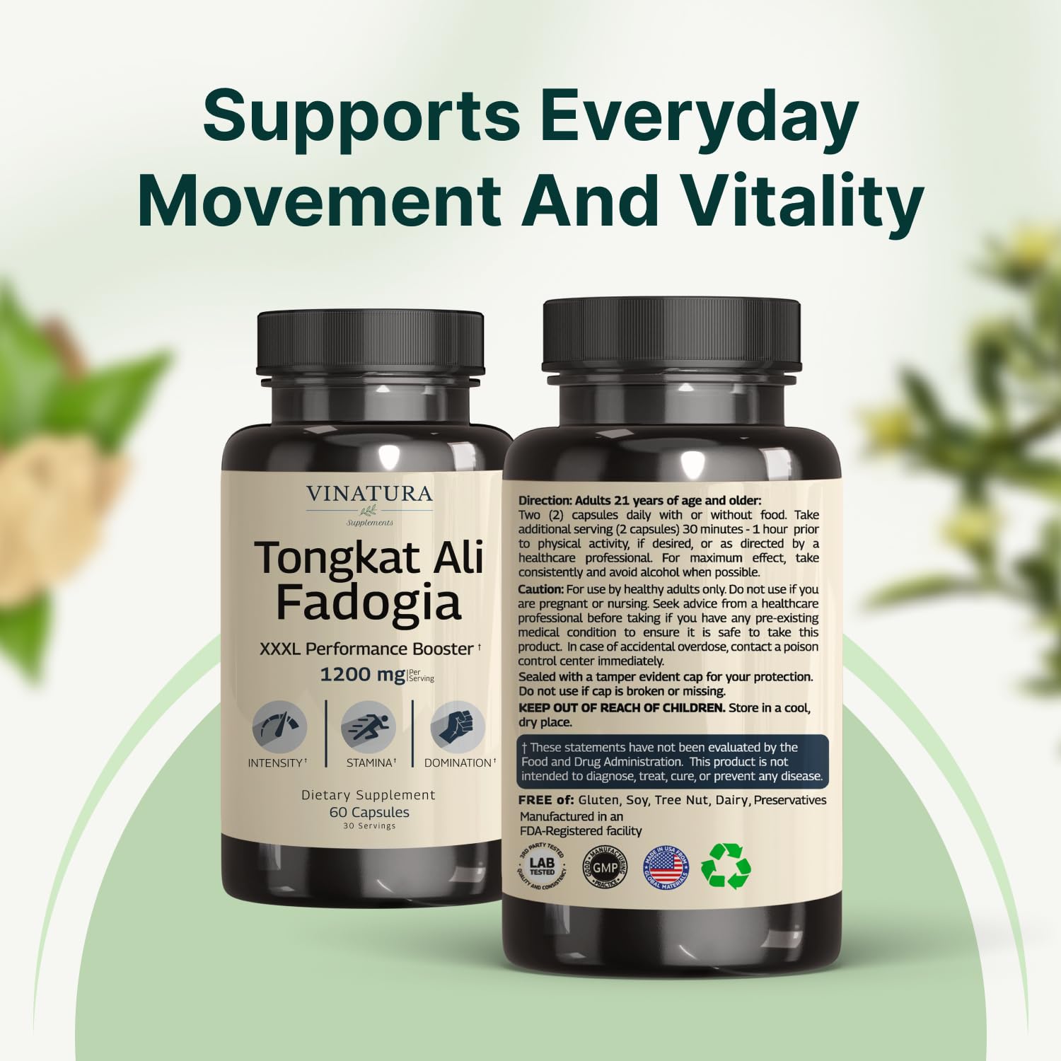 VINATURA nitric oxide boosters label highlights L-Citrulline and L-Arginine benefits.