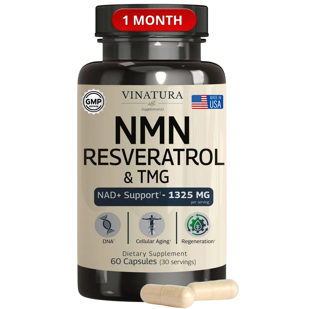 VINATURA NMN Complex bottle front with 60 capsules for daily NAD+ support.
