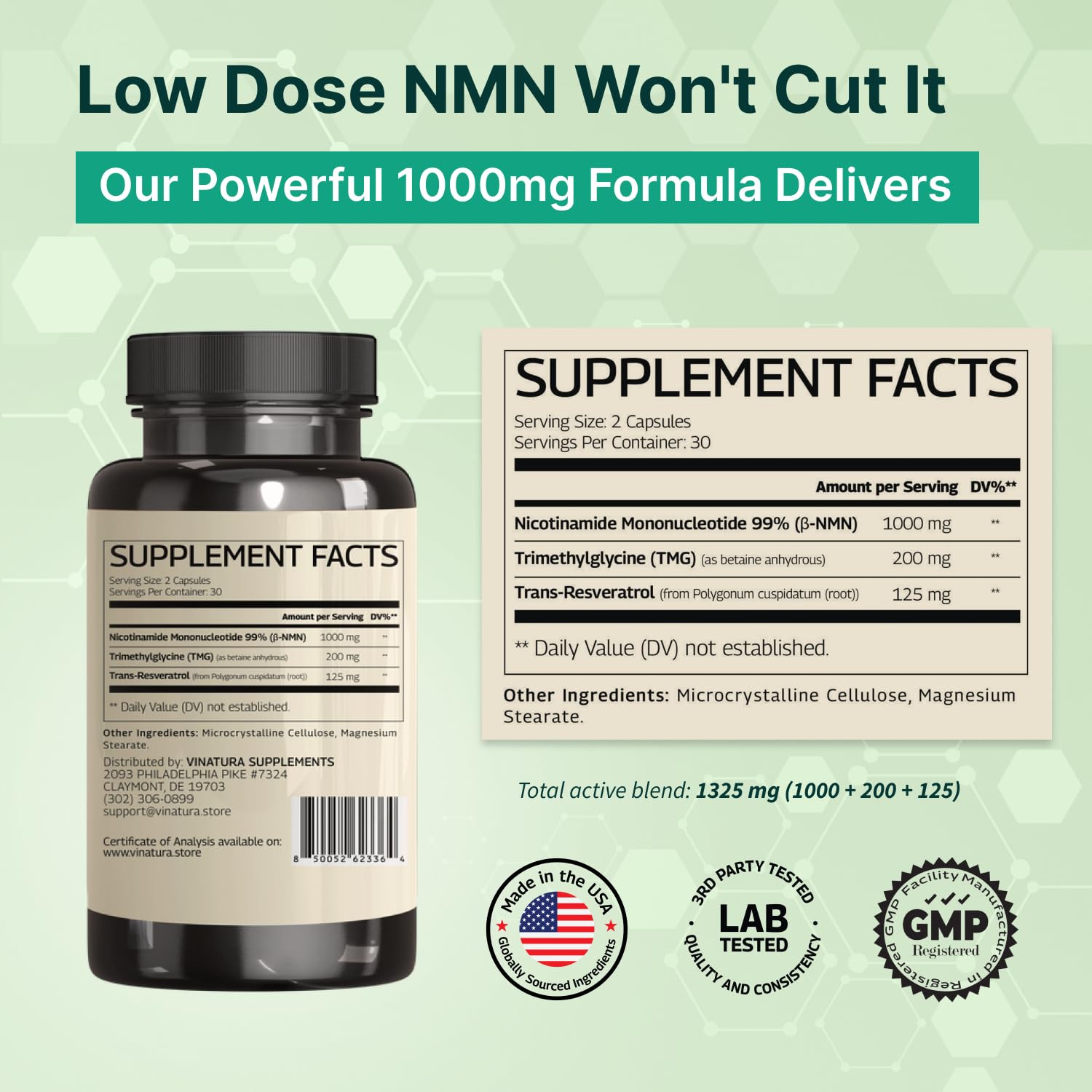 Close-up of VINATURA NMN Complex capsules in vegan, gluten-free formula for daily use.