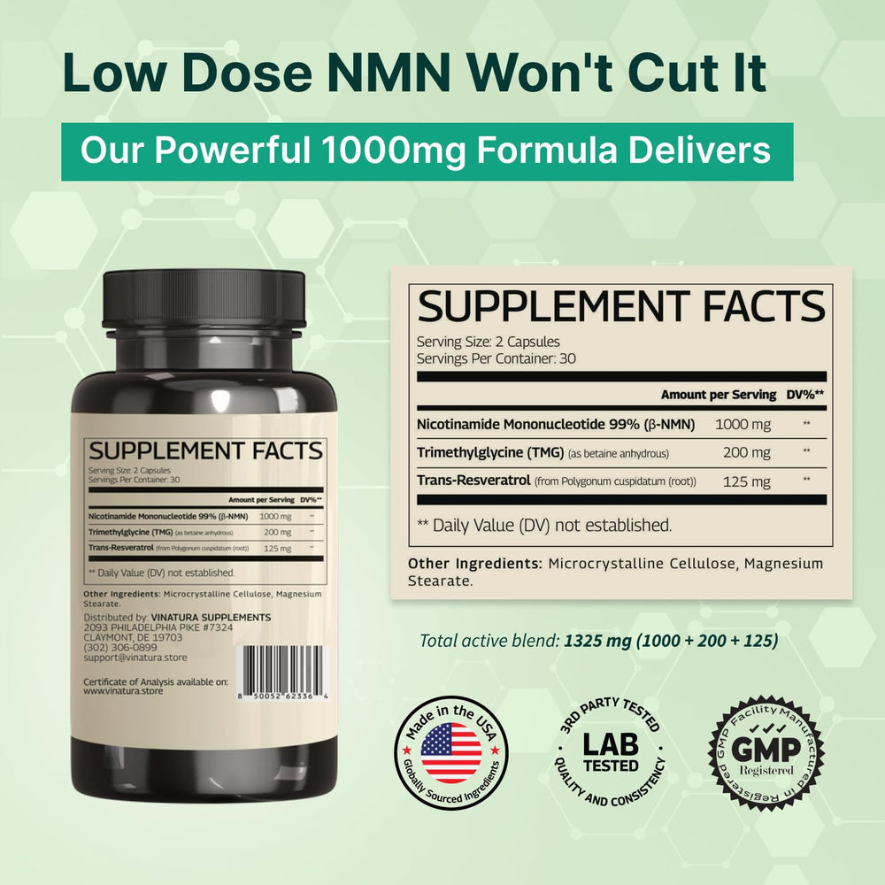 Close-up of VINATURA NMN Complex capsules in vegan, gluten-free formula for daily use.