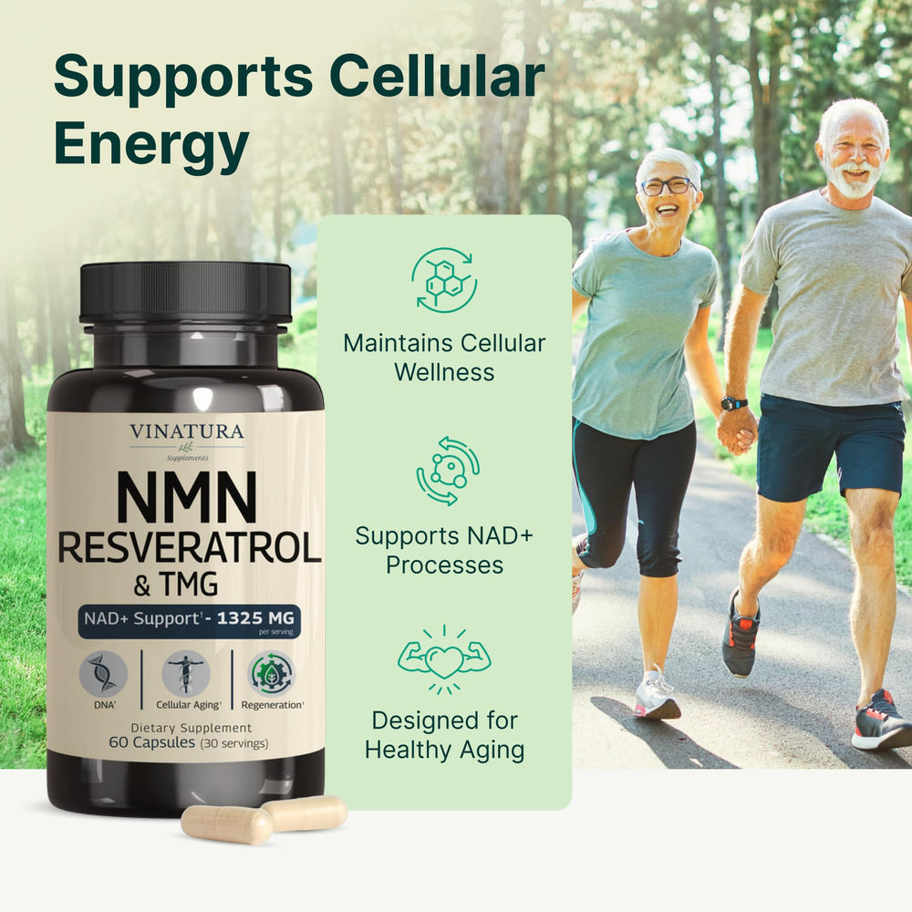 VINATURA NMN Complex capsules being poured into a hand for easy daily habit.