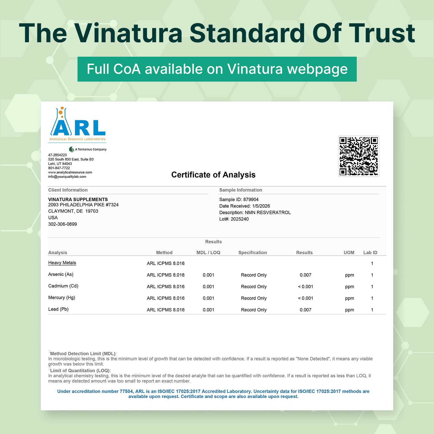 VINATURA NMN Complex ingredients panel featuring NMN and resveratrol.