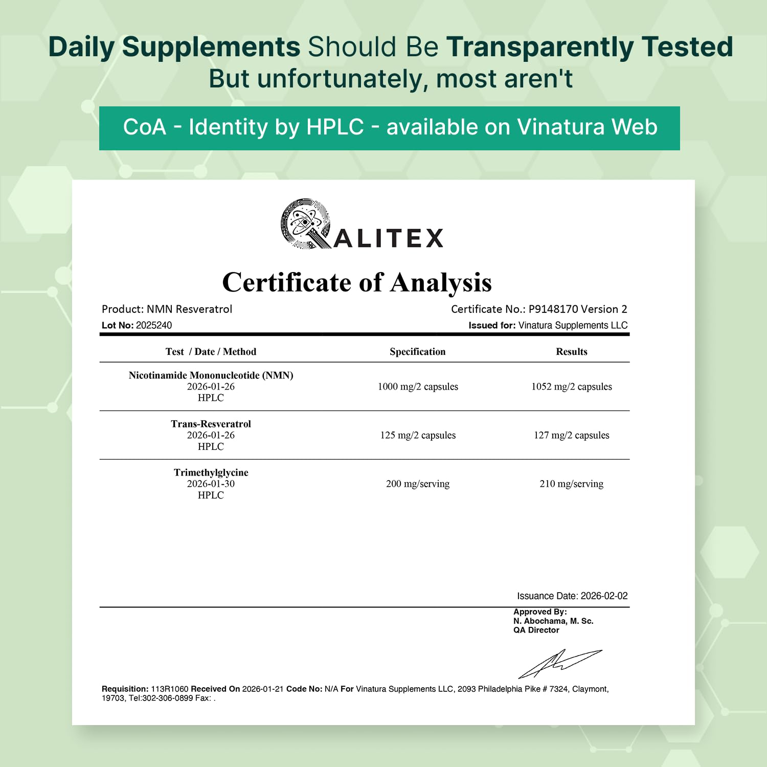 VINATURA NMN Complex label detail showing trans-resveratrol and TMG ingredients.