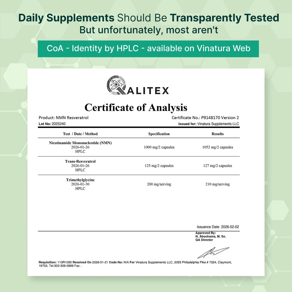 VINATURA NMN Complex label detail showing trans-resveratrol and TMG ingredients.